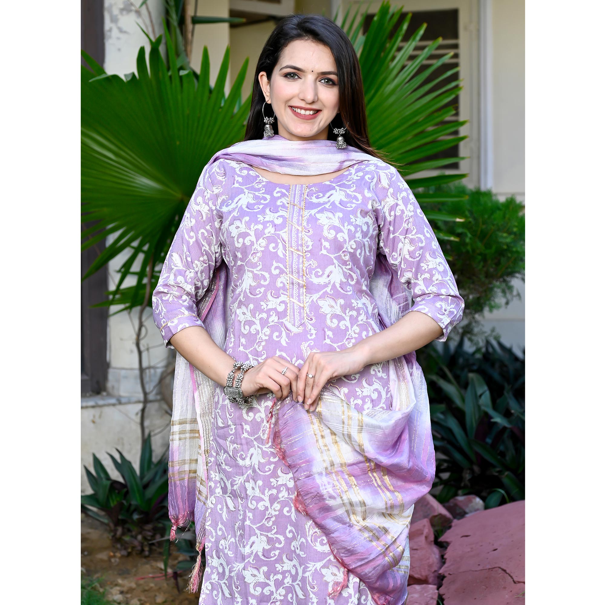 Lavender Floral Printed Rayon Suit