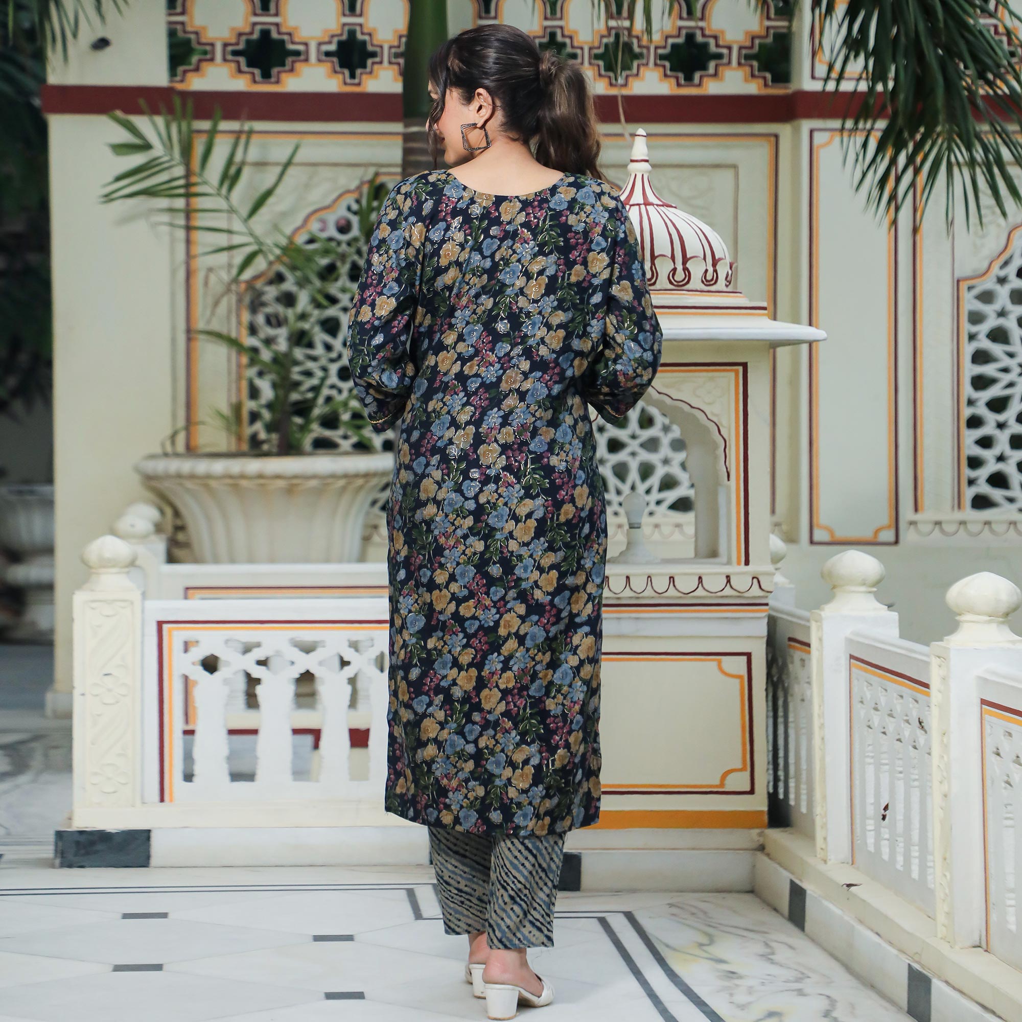 Navy Blue Foil Printed Rayon Suit