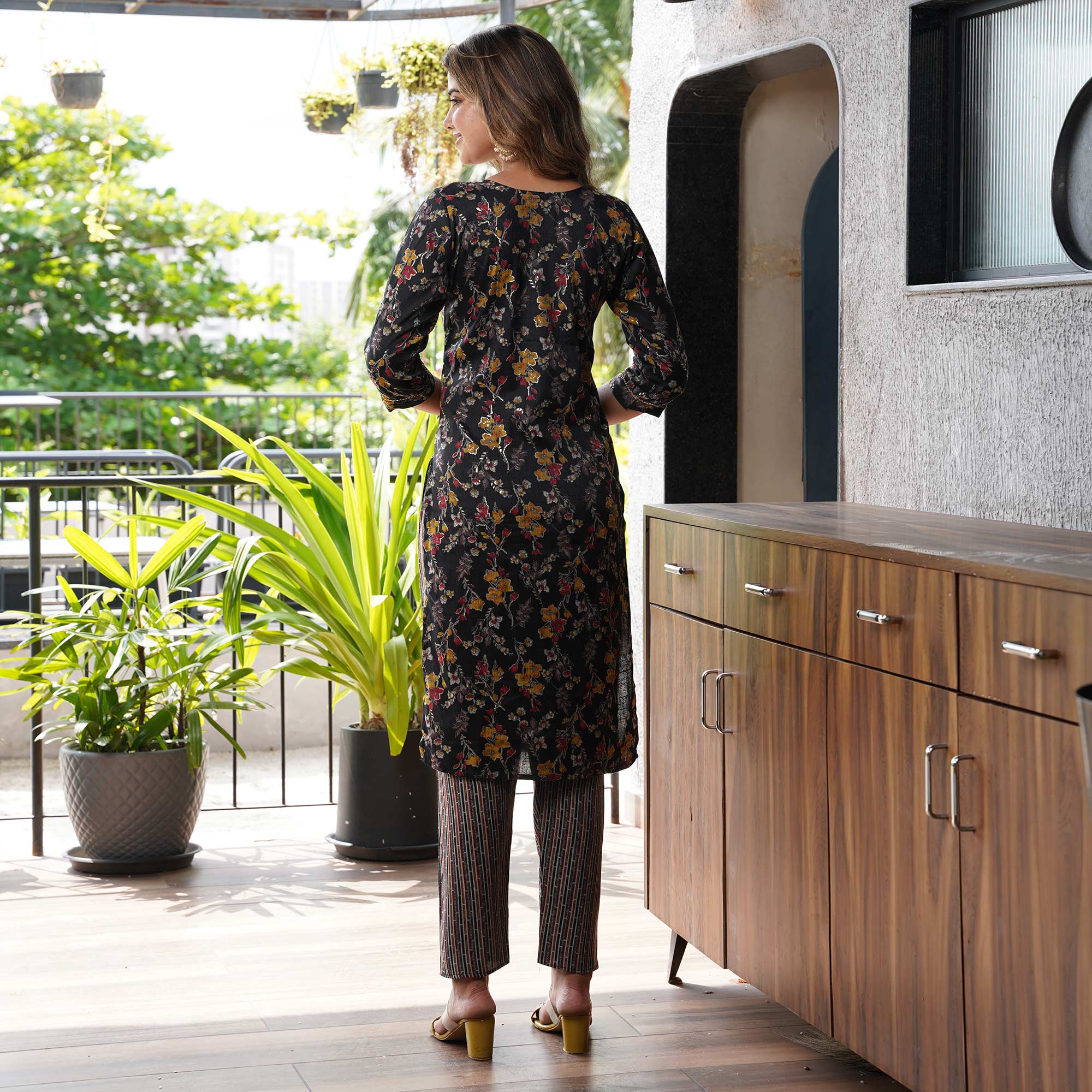 Black Floral Foil Printed Rayon Salwar Suit