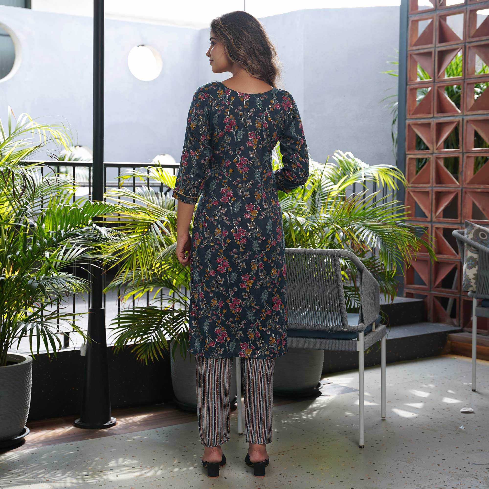 Blue Floral Foil Printed Rayon Salwar Suit