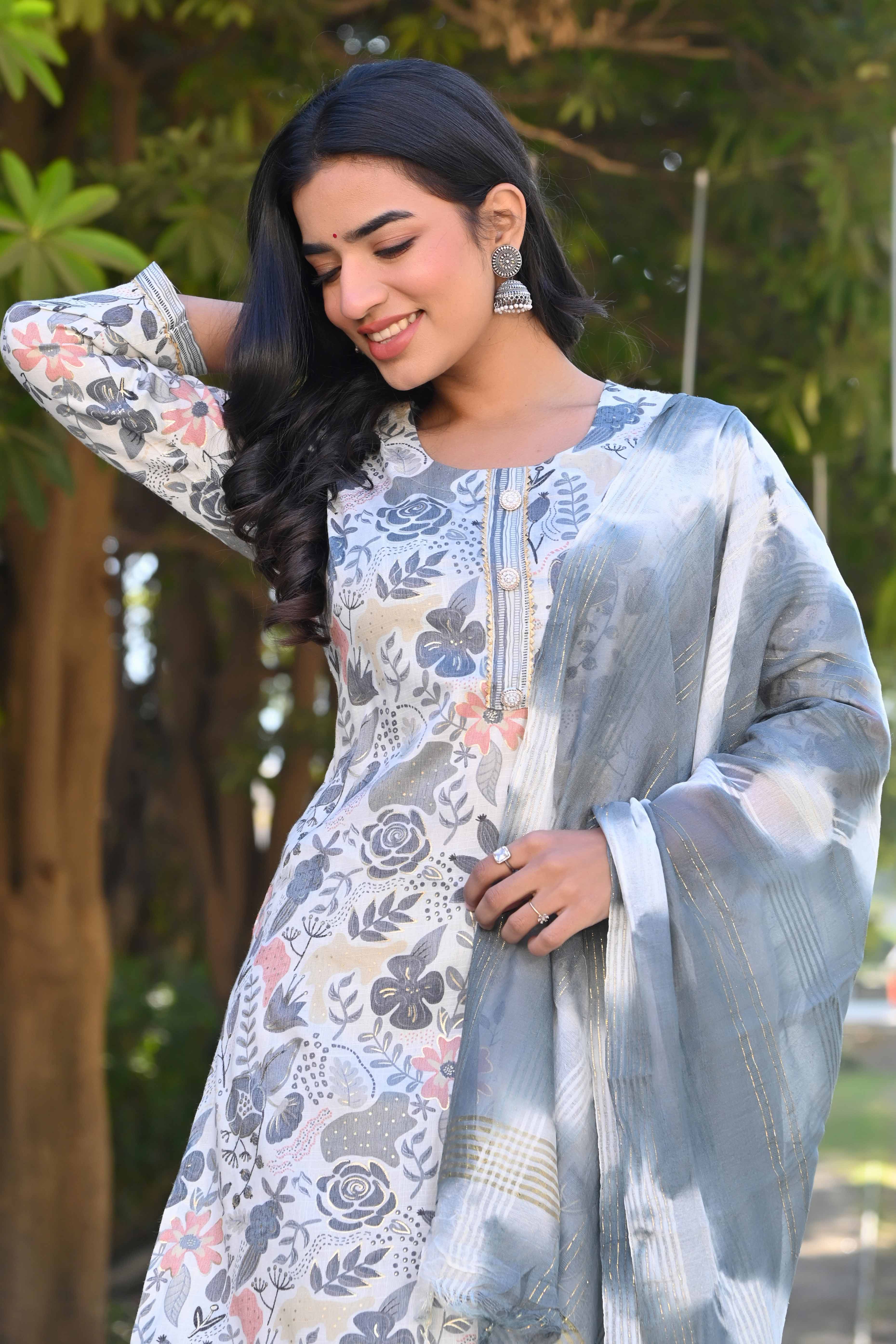 Off White Floral Foil Printed Rayon Salwar Suit