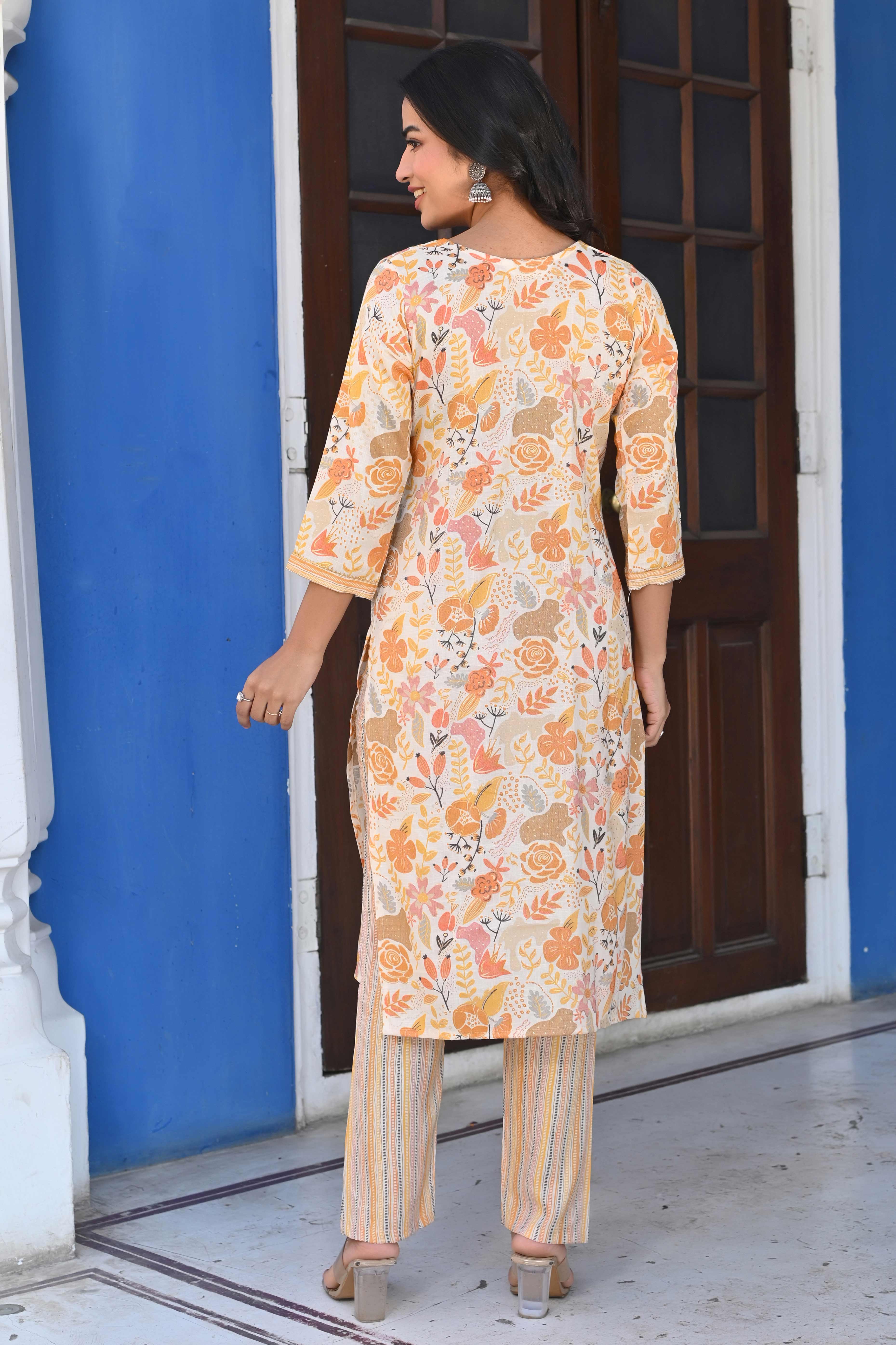 Cream & Yellow Floral Foil Printed Rayon Salwar Suit