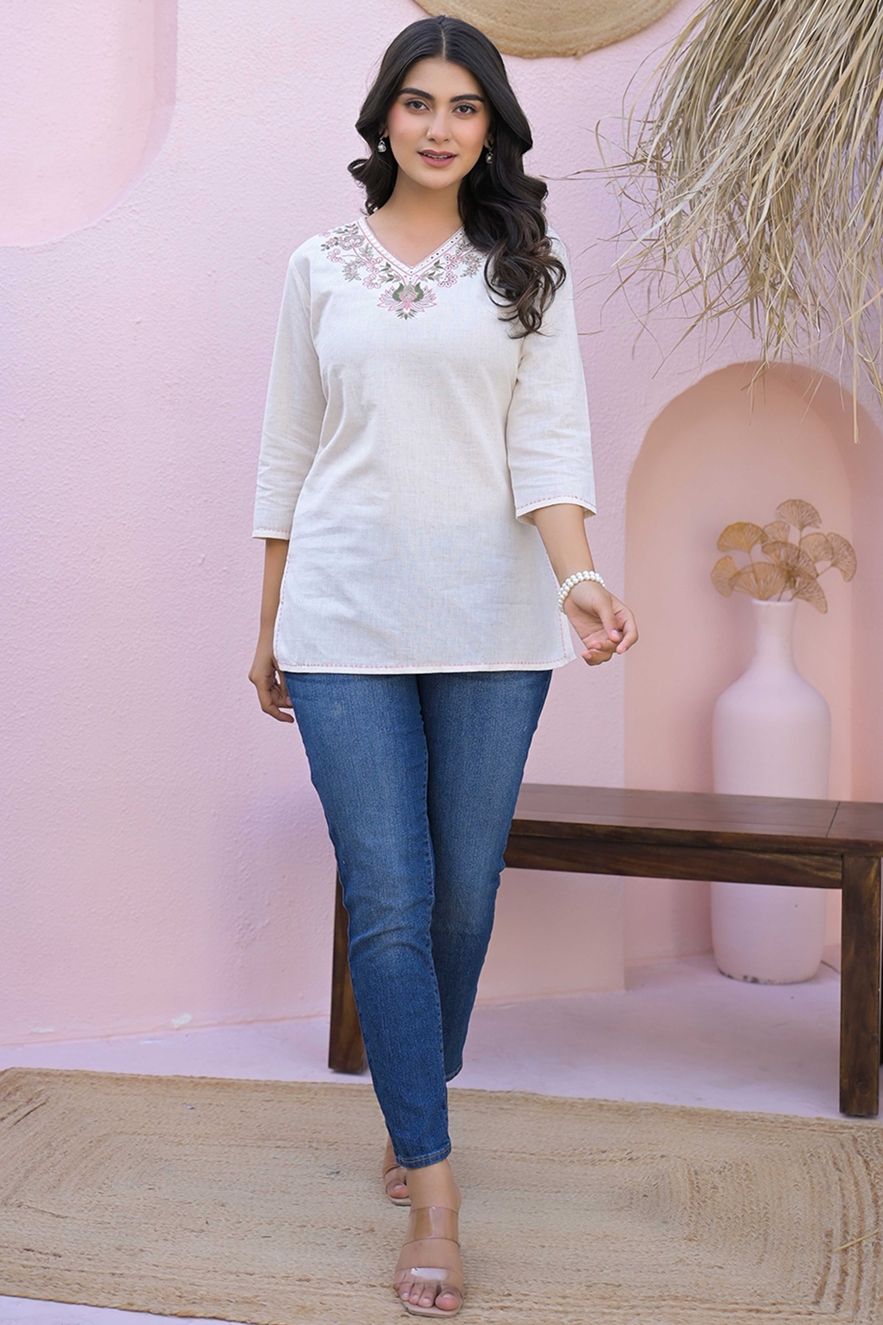 Soft Cream Floral Neck Embroidered Cotton Flex Top