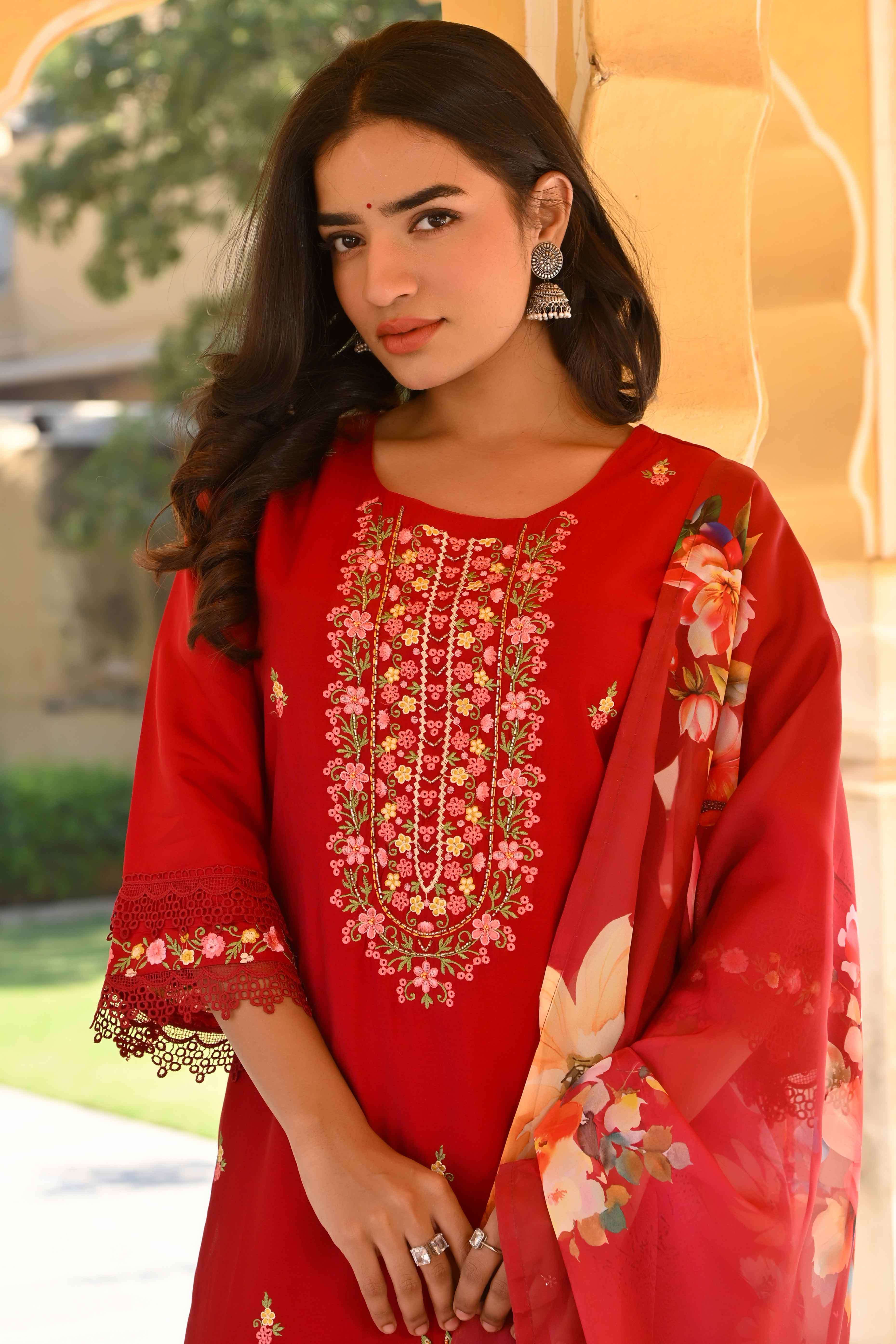 Maroon Floral Embroidered Chanderi Silk Salwar Suit