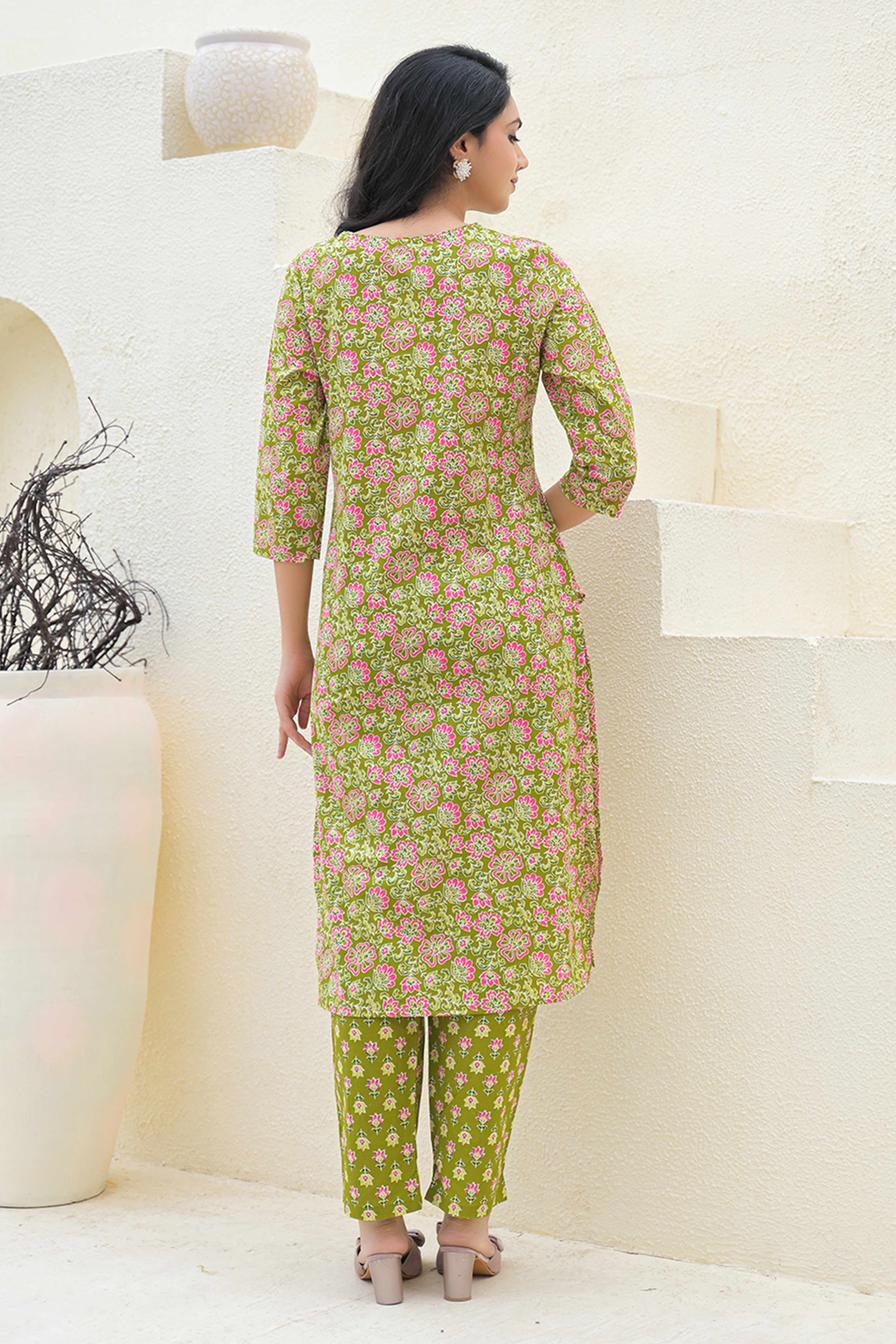 Olive Floral Printed Pure Cotton Suit in a Straight Silhouette for Everyday Ease
