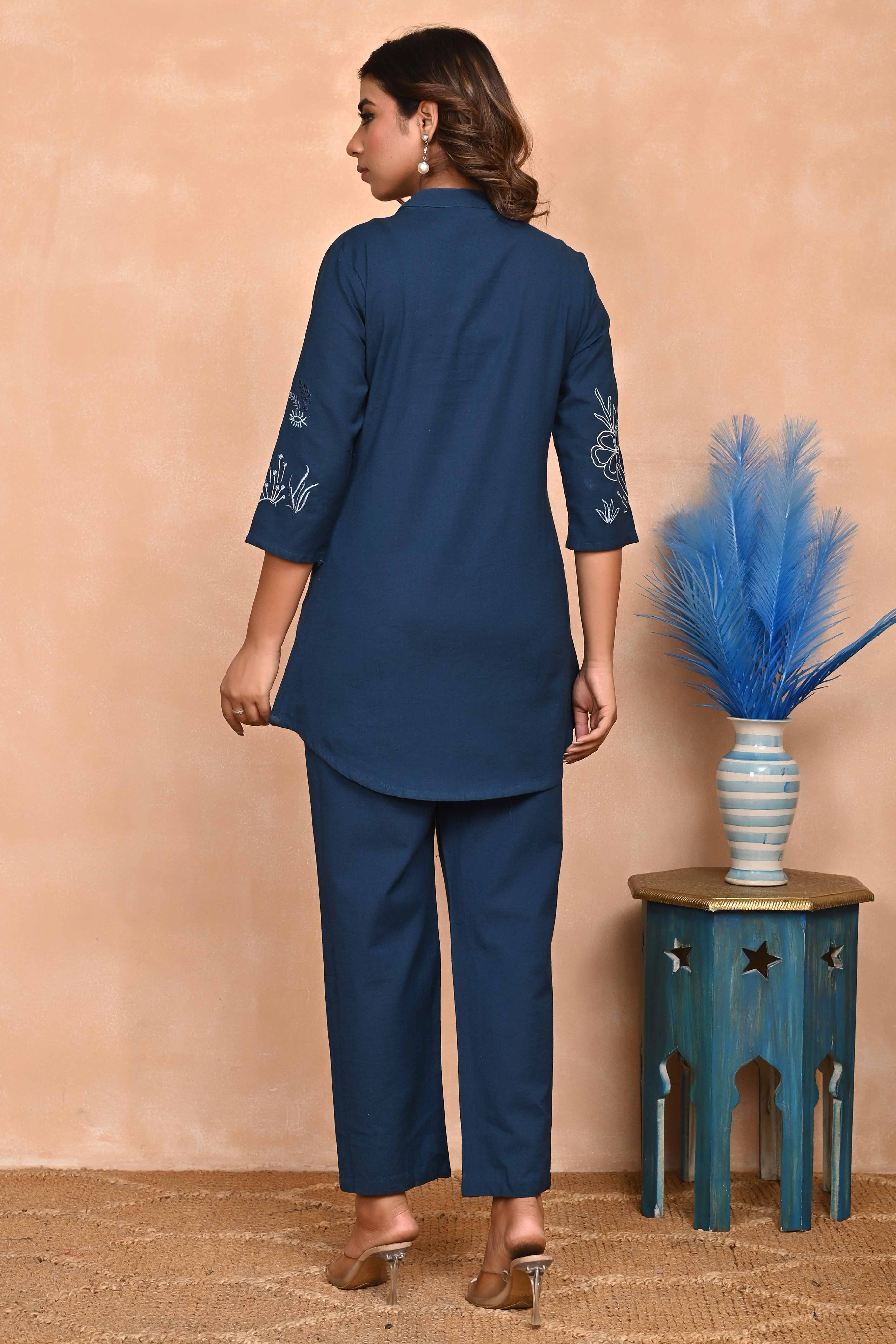 Navy Blue Pure Cotton Co-Ord Set with Detailed Handcrafted Embroidery Accents