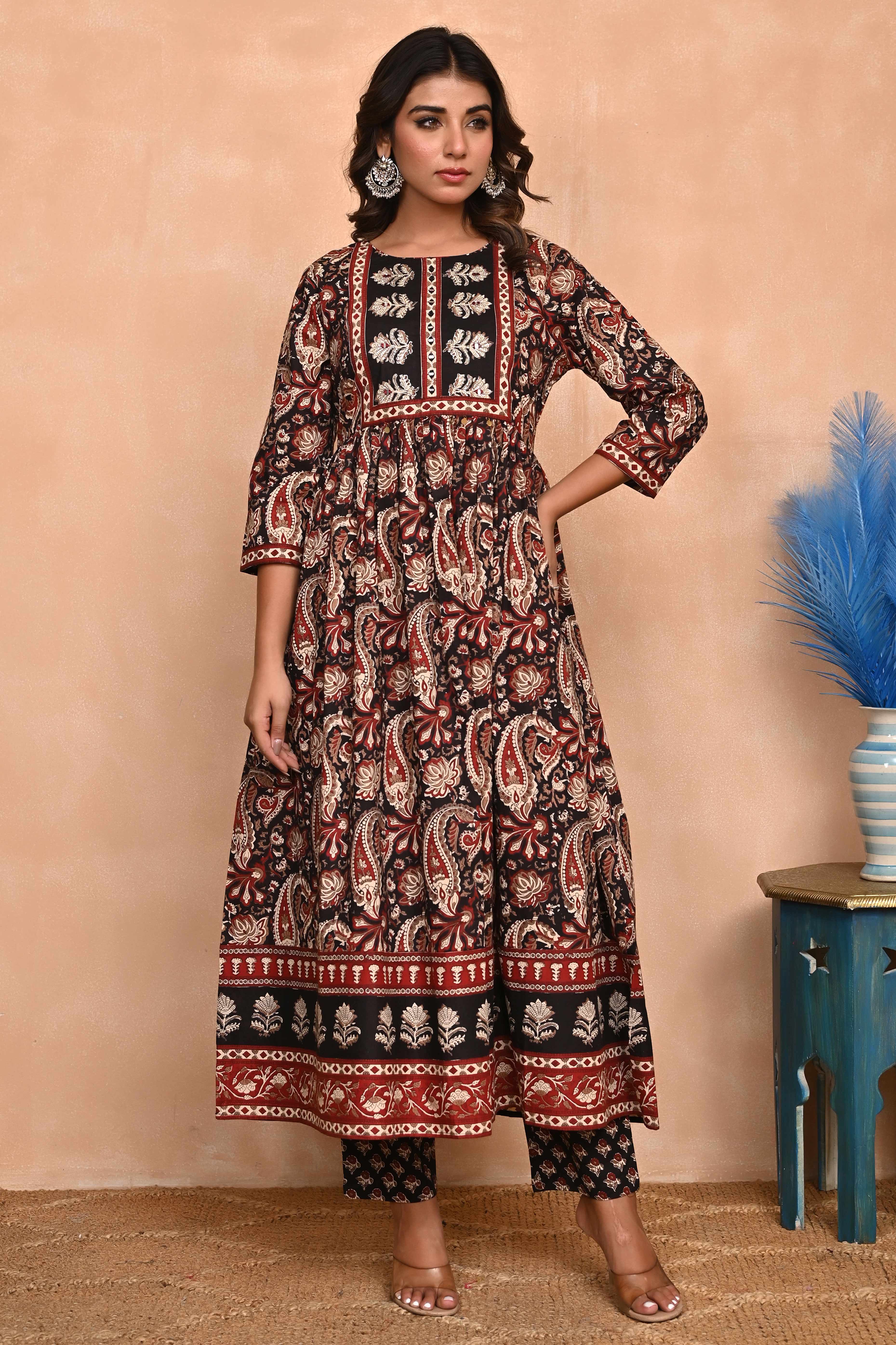 Regal Black Paisley Anarkali Suit in Breathable Cotton Fabric for Effortless Style