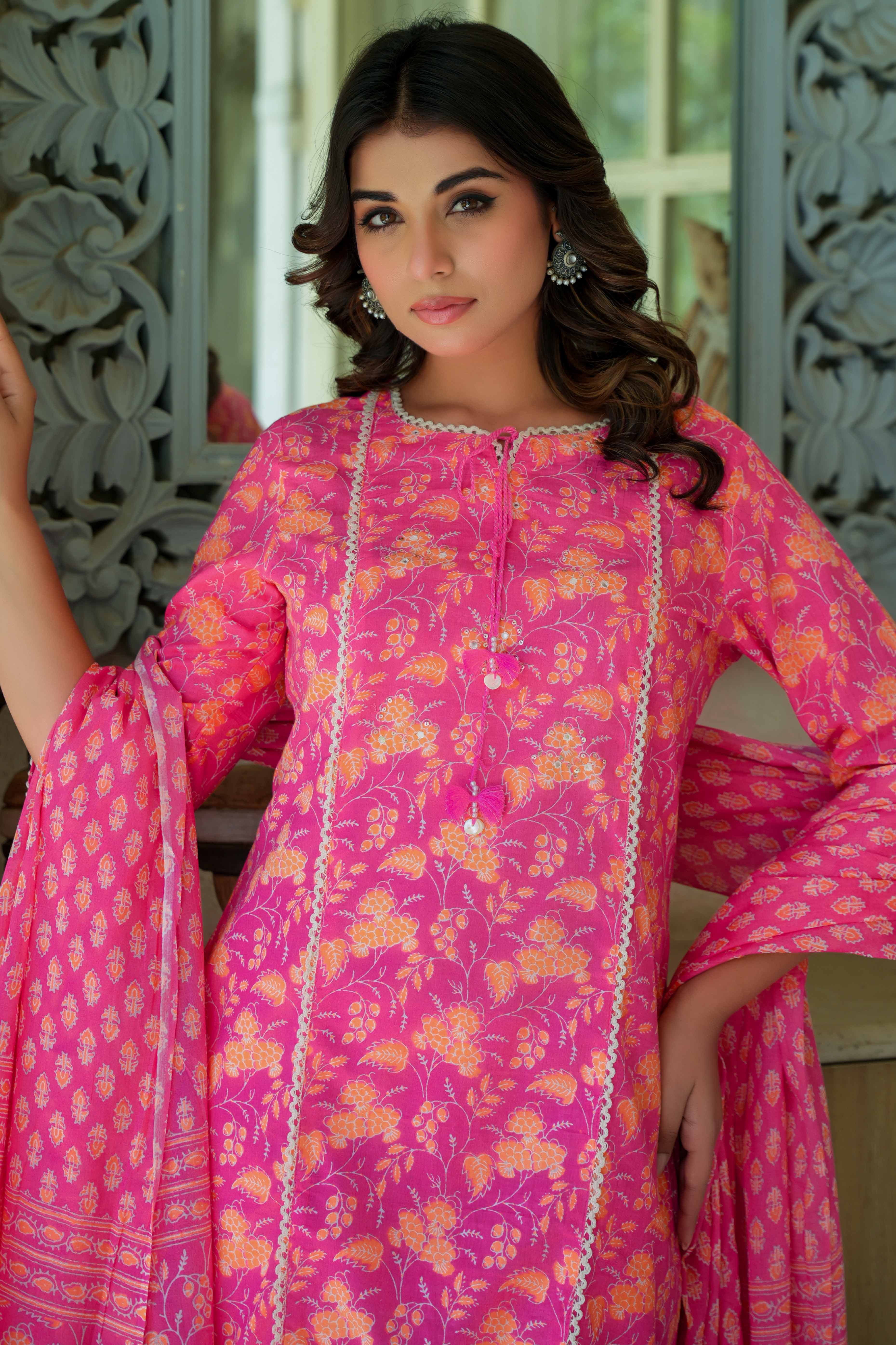 Pure Cotton Pink Floral Printed Straight Salwar Suit for the Perfect Blend of Comfort and Style