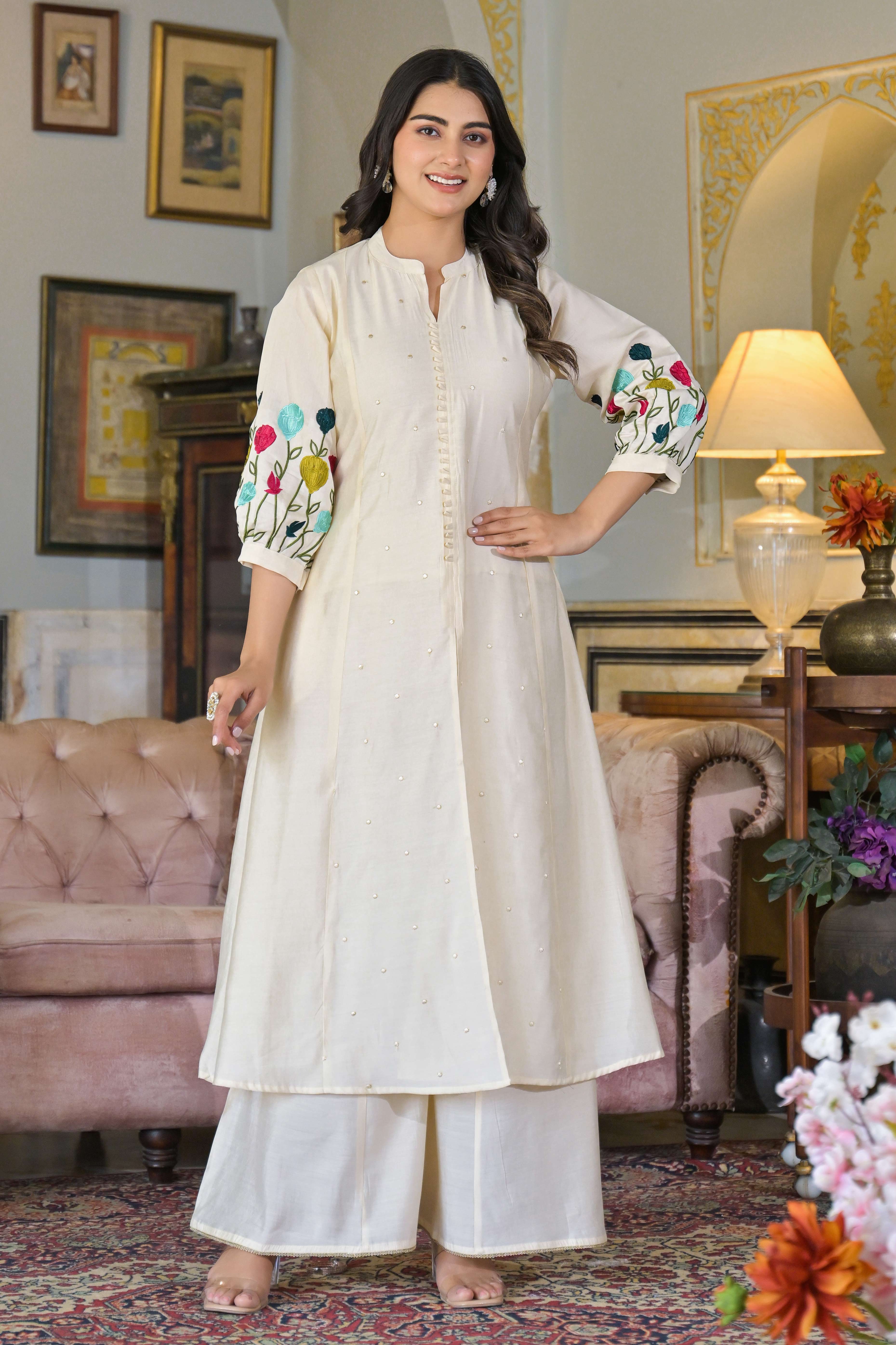 Cream Thread Embroidered Chanderi A-Line Salwar Suit