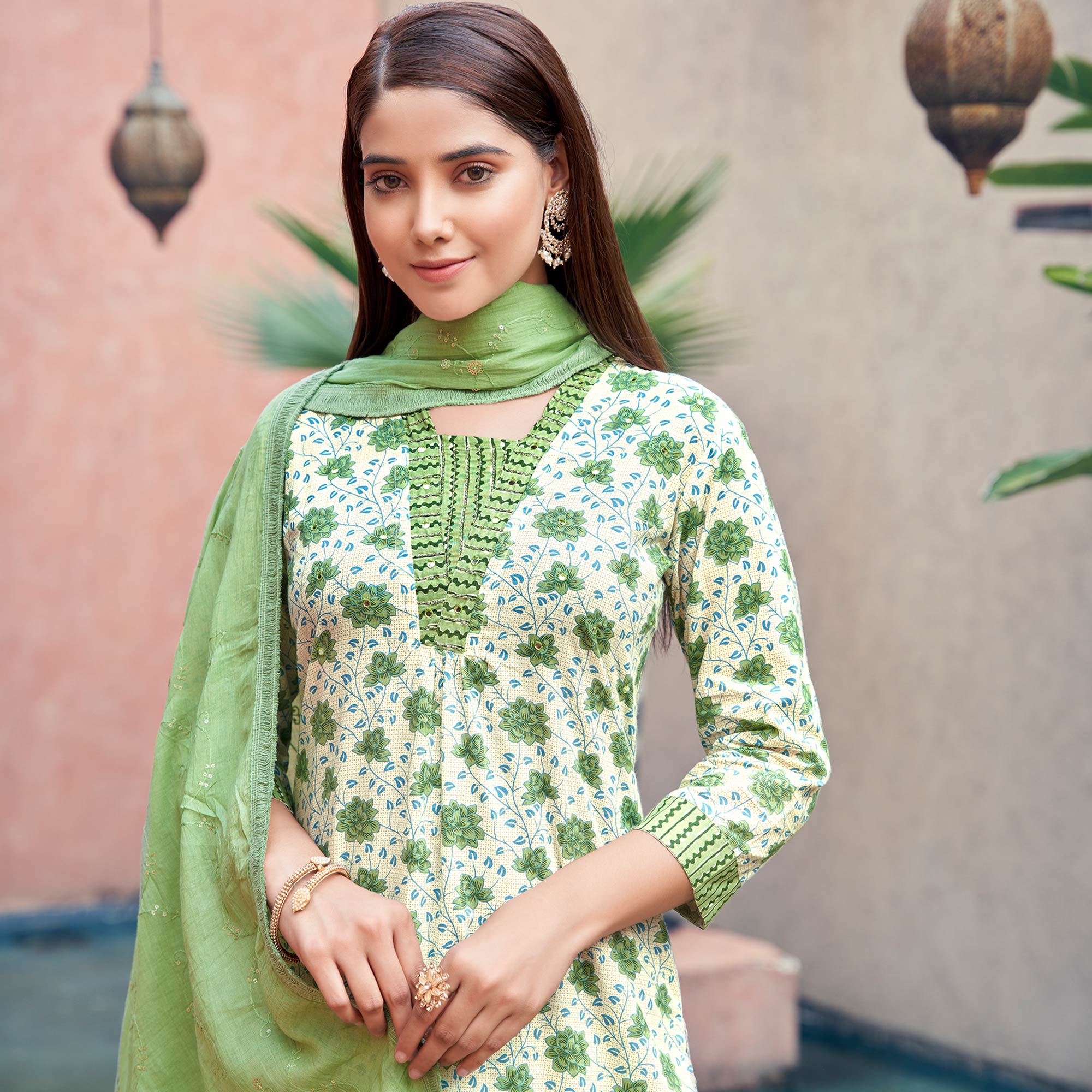 White & Green Floral Printed Pure Cotton Suit