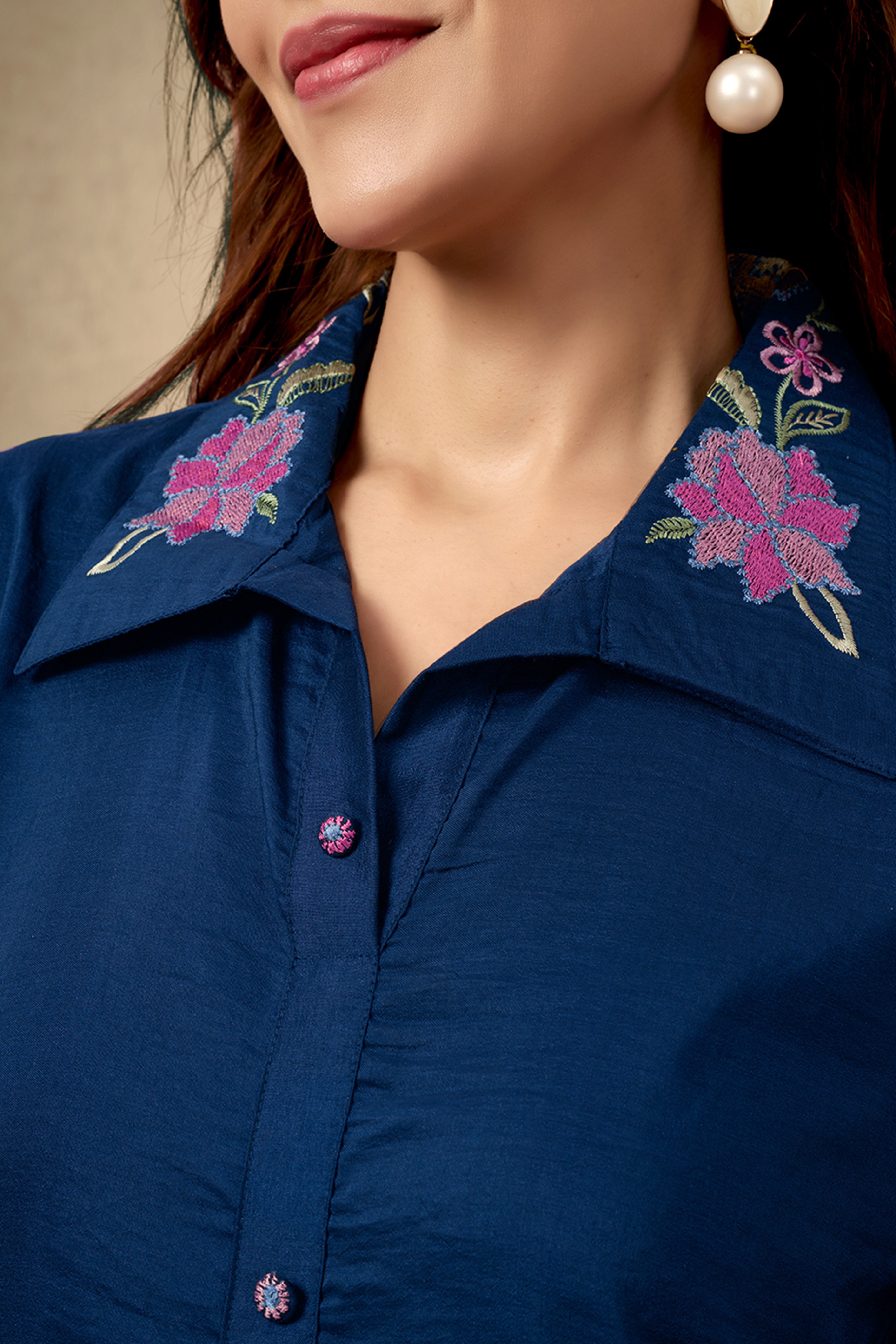 Ethereal Navy Blue Chinon Co-Ord Set with Floral Embroidery