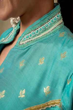 Turquoise Silk Blend A-Line Top Bottom Set With Zari Weaving And Stone Work