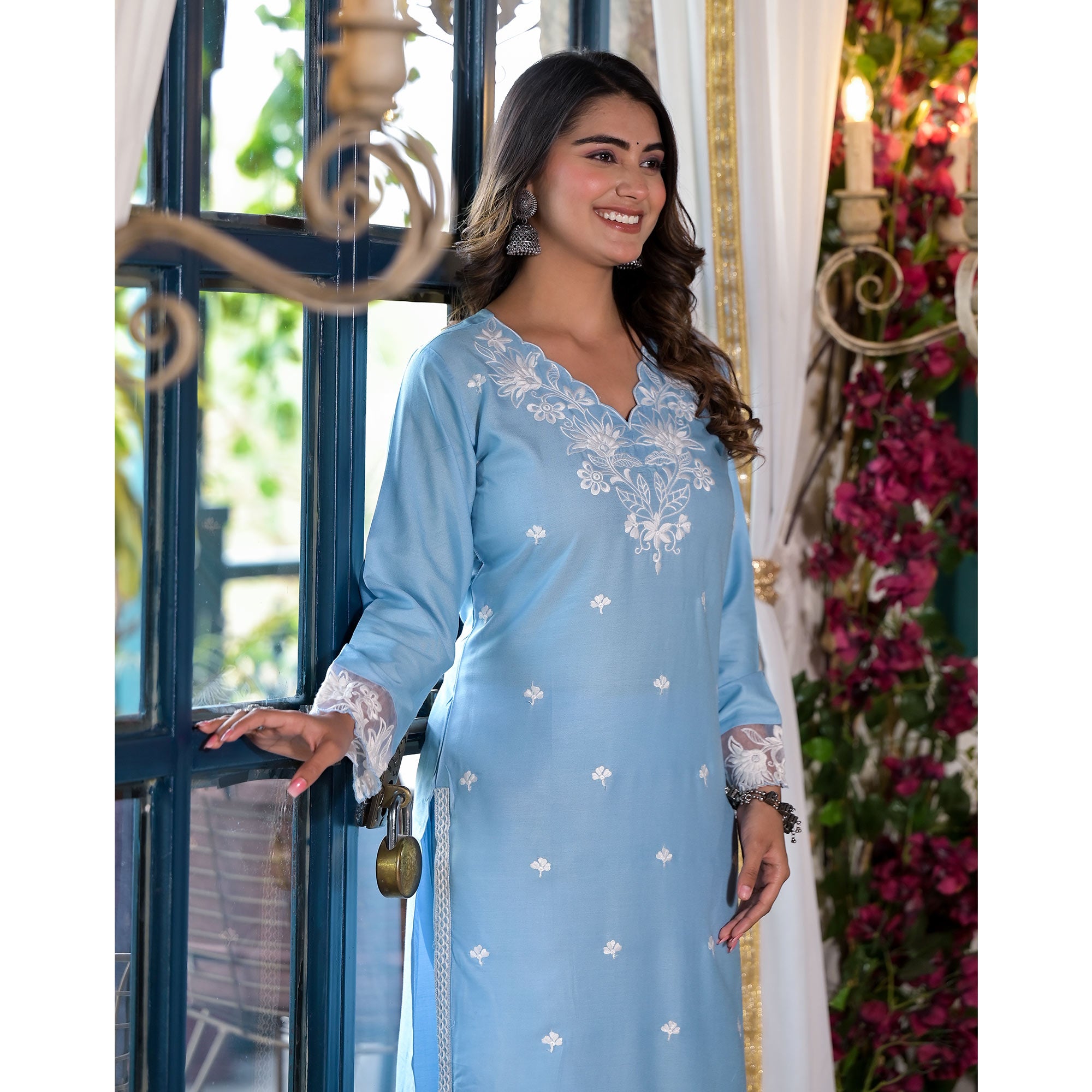 Blue Embroidered Rayon Straight Kurti Sets