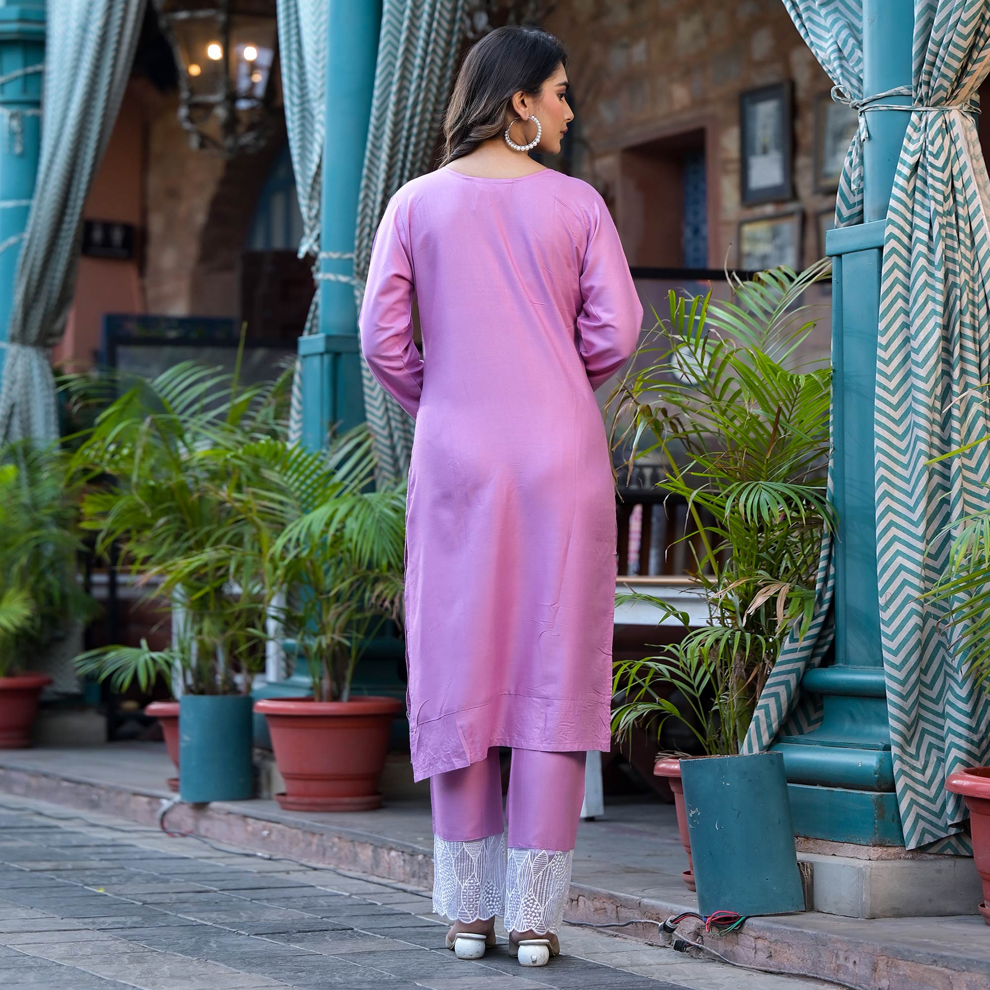 Pink Embroidered Rayon Straight Kurti Sets