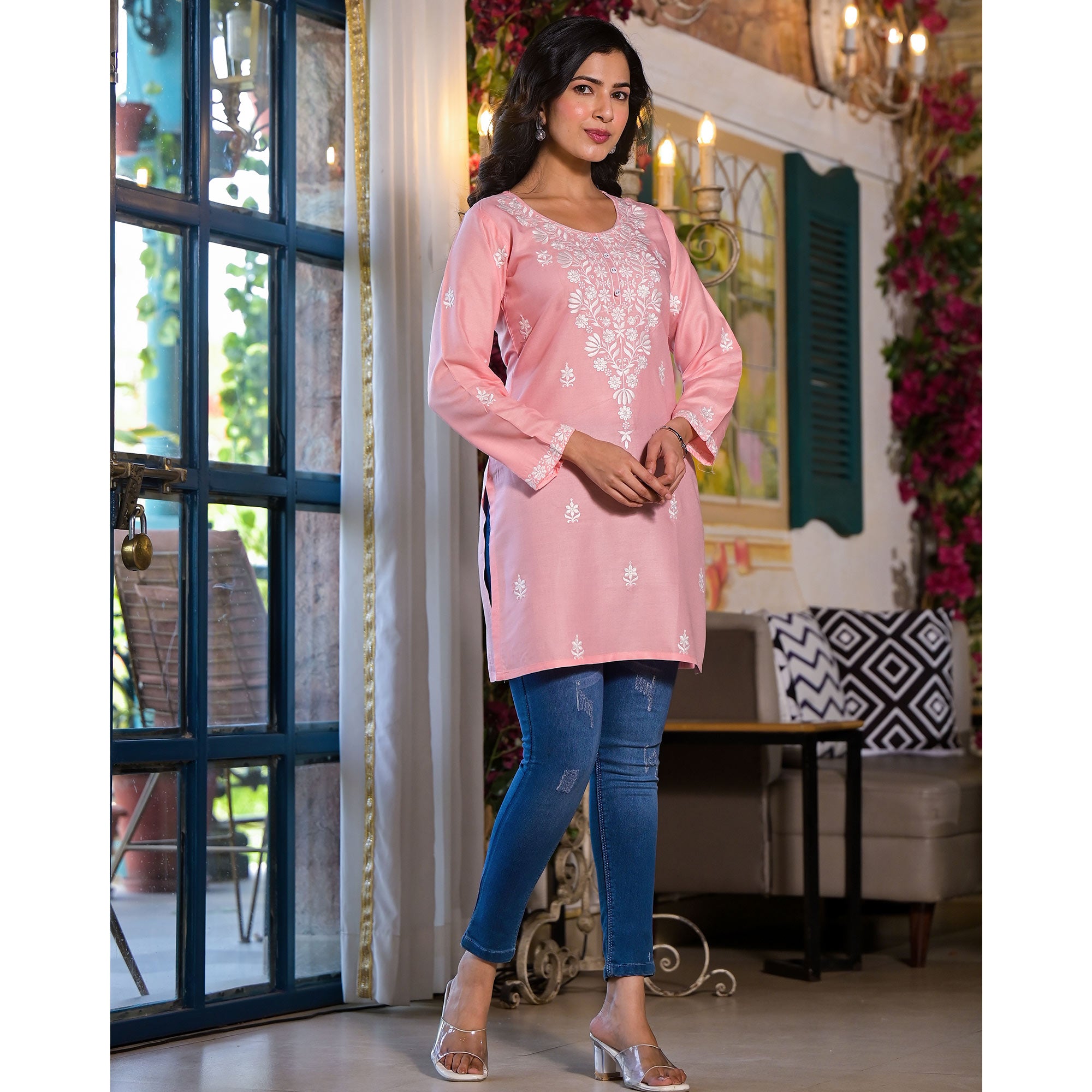 Peach Embroidered Rayon Straight Top