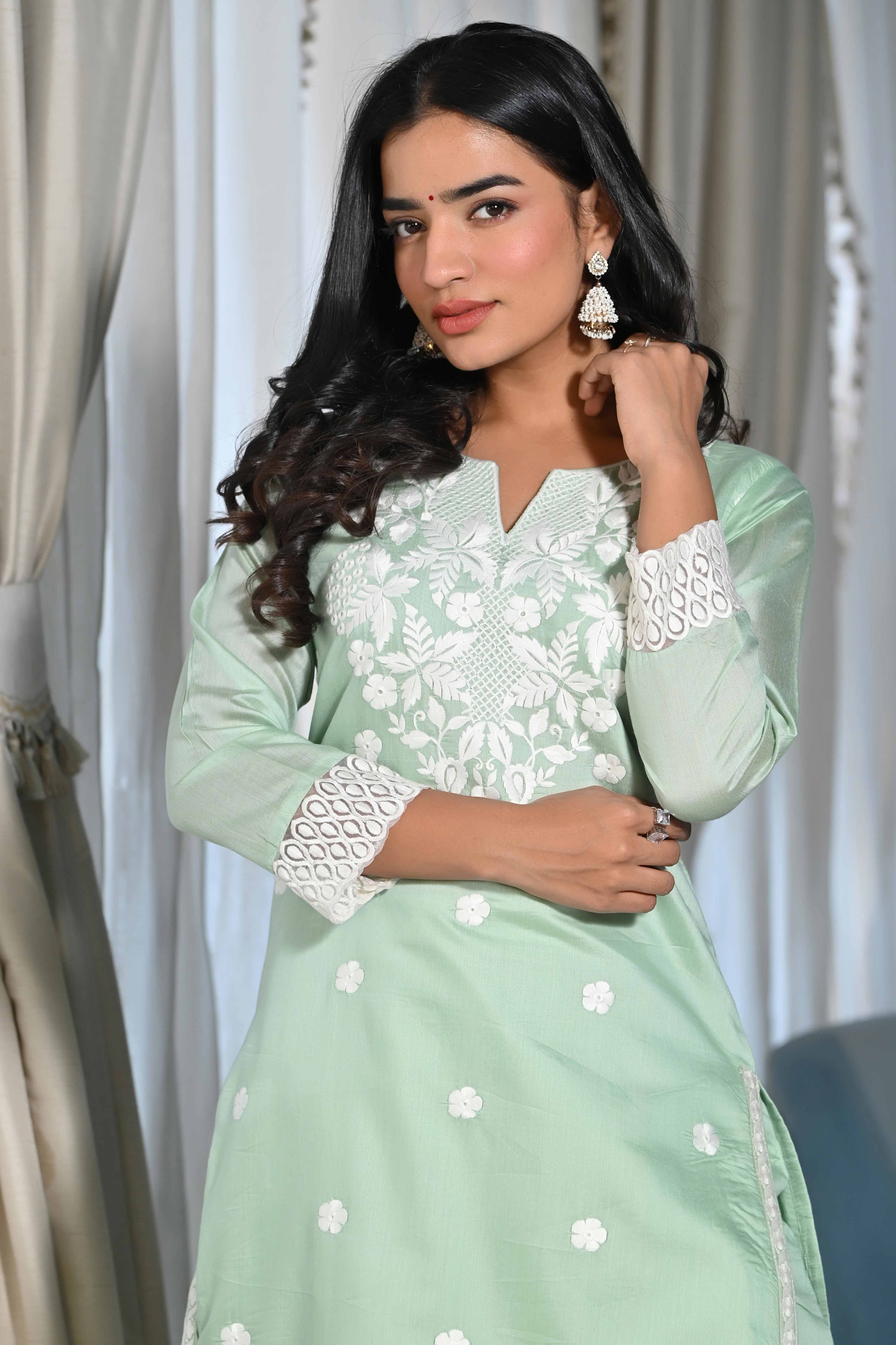 Sea Green Floral Embroidered Chanderi Kurti Pant Set