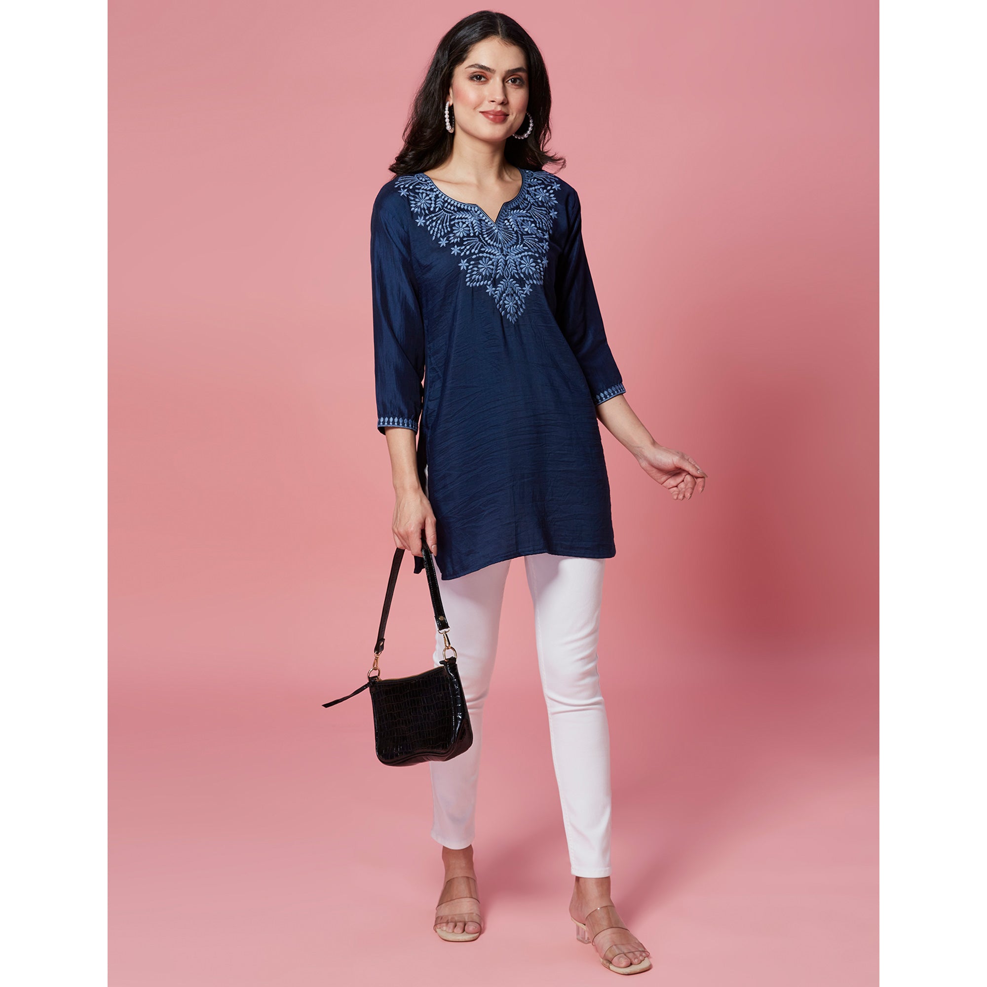 Dark Blue Embroidered Cotton Blend Top