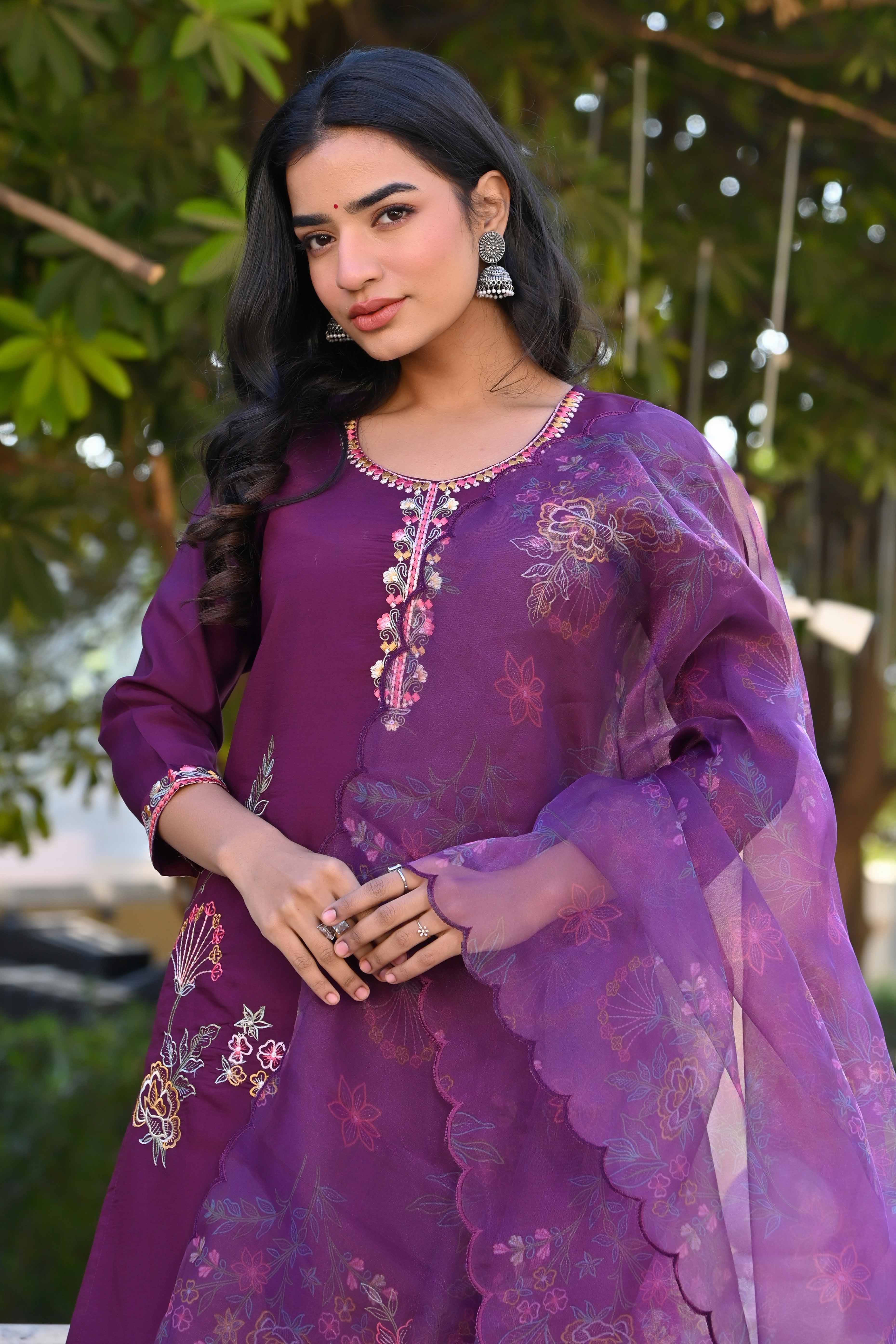 Dark Purple Floral Hand Work Viscose Straight Salwar Suit