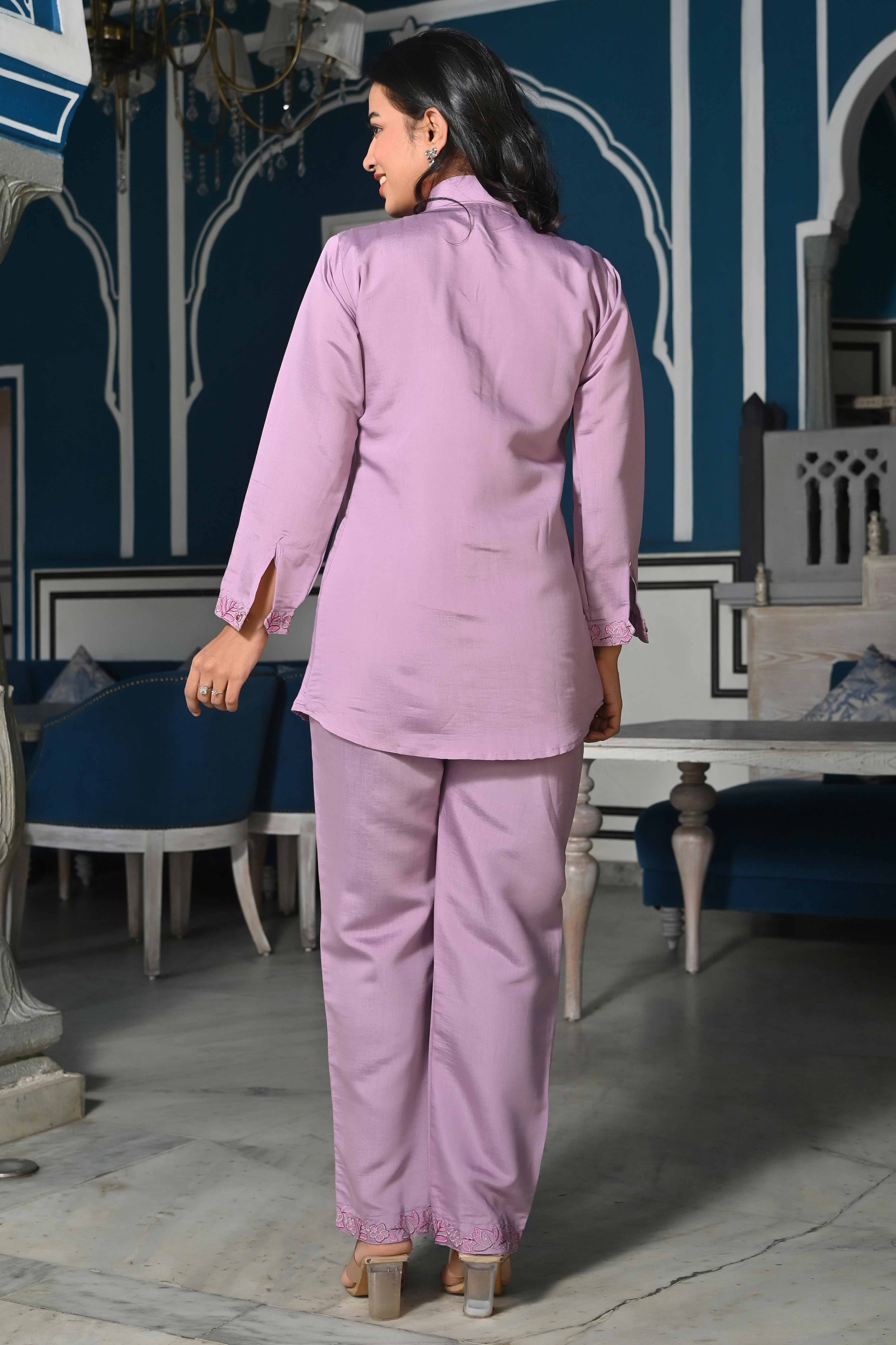 Mauve Floral Hand Work Embroidered Chanderi Co-Ord Set