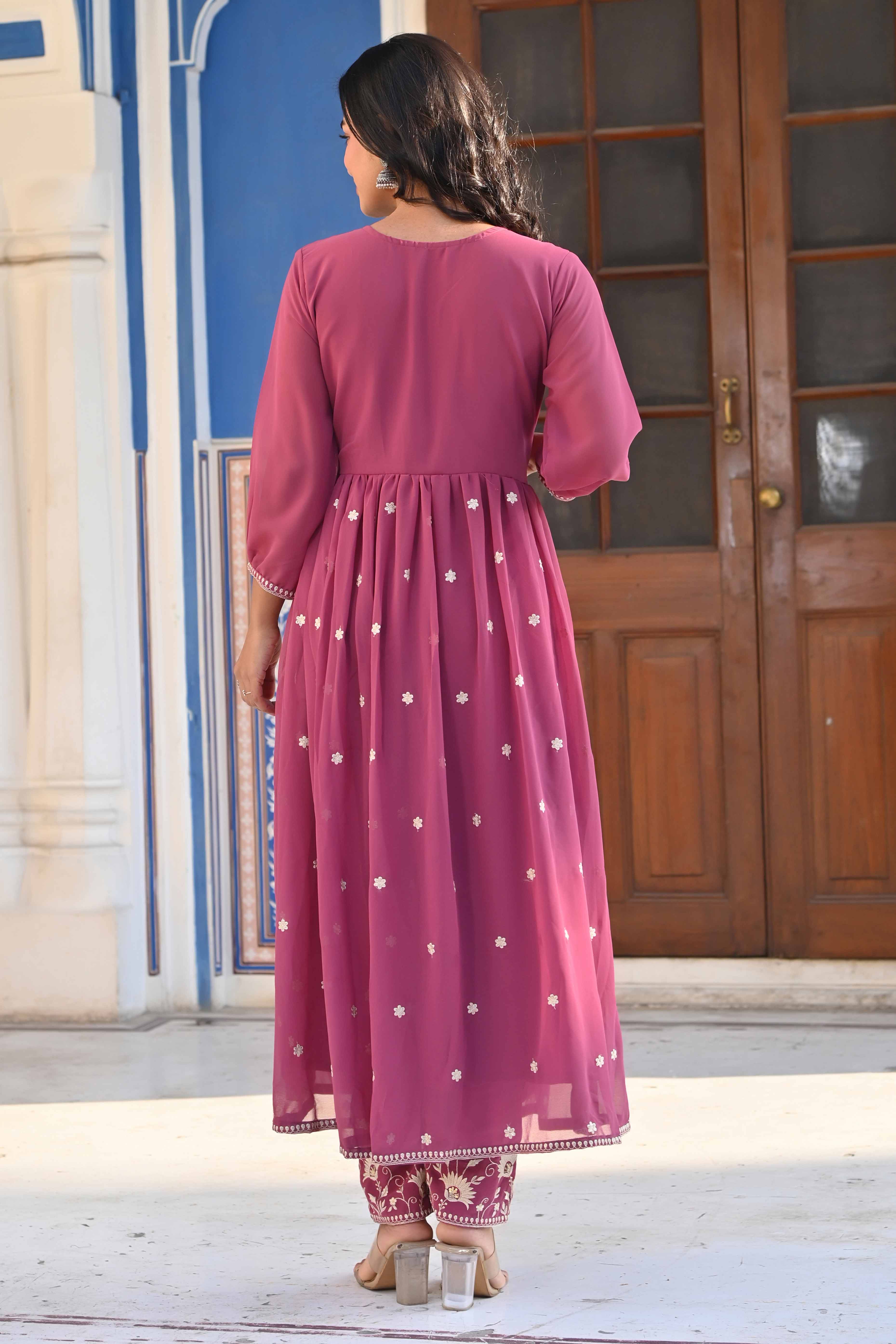 Mauve Floral Embroidered Georgette Front Slit Salwar Suit