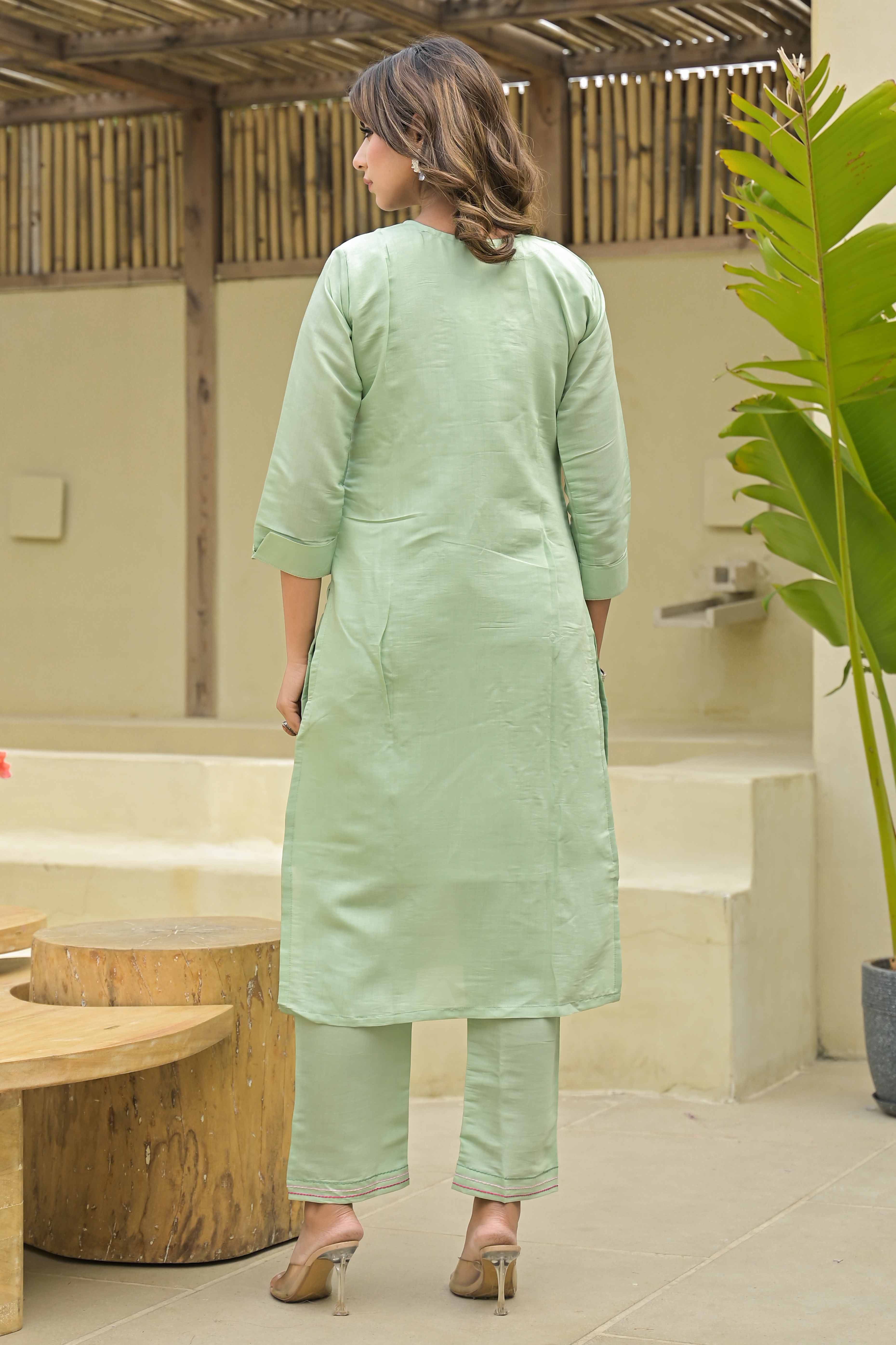 Sea Green Floral Embroidered Viscose Salwar Suit