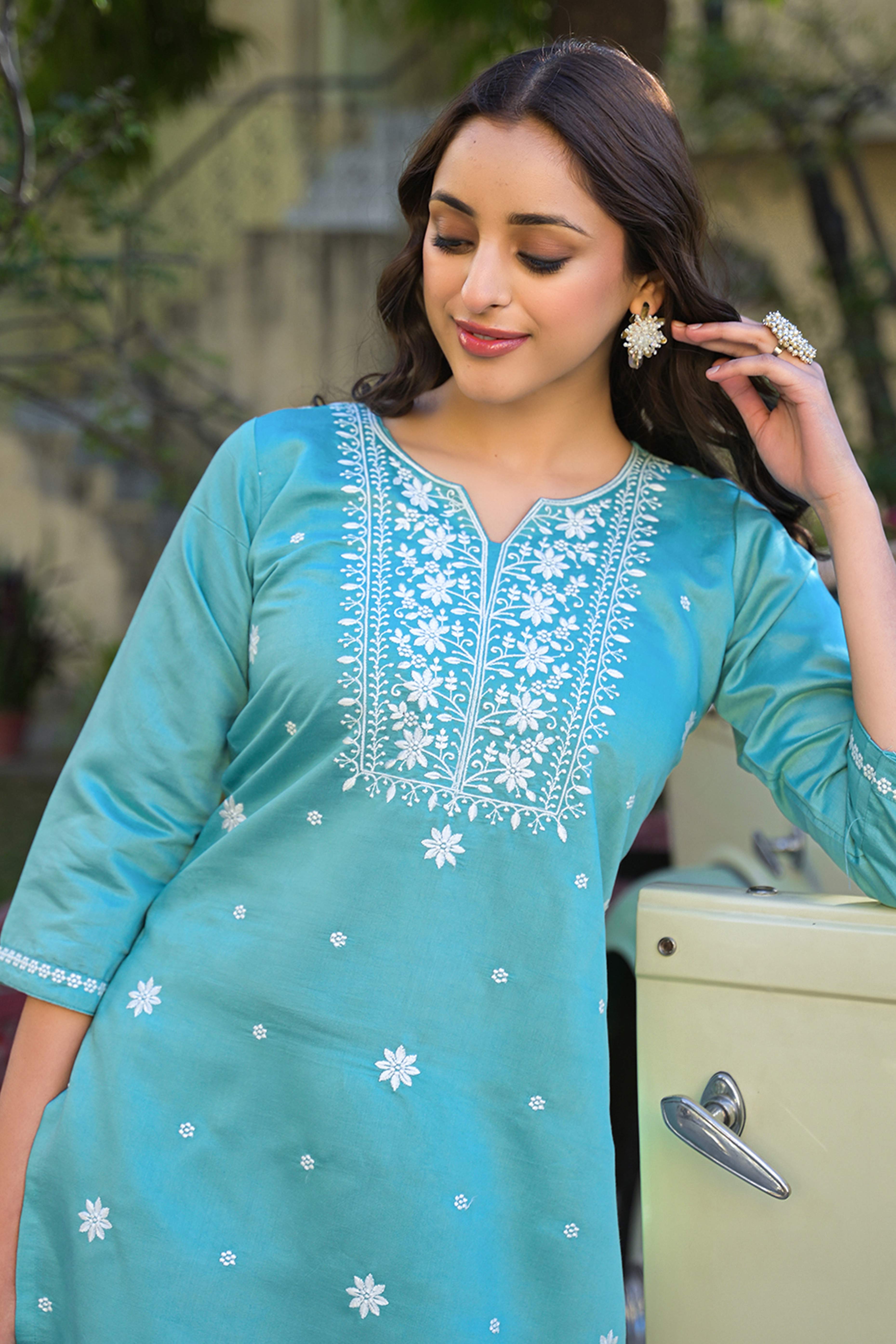 Mint Green Floral Embroidered Viscose Gadwal Silk Top Bottom Set