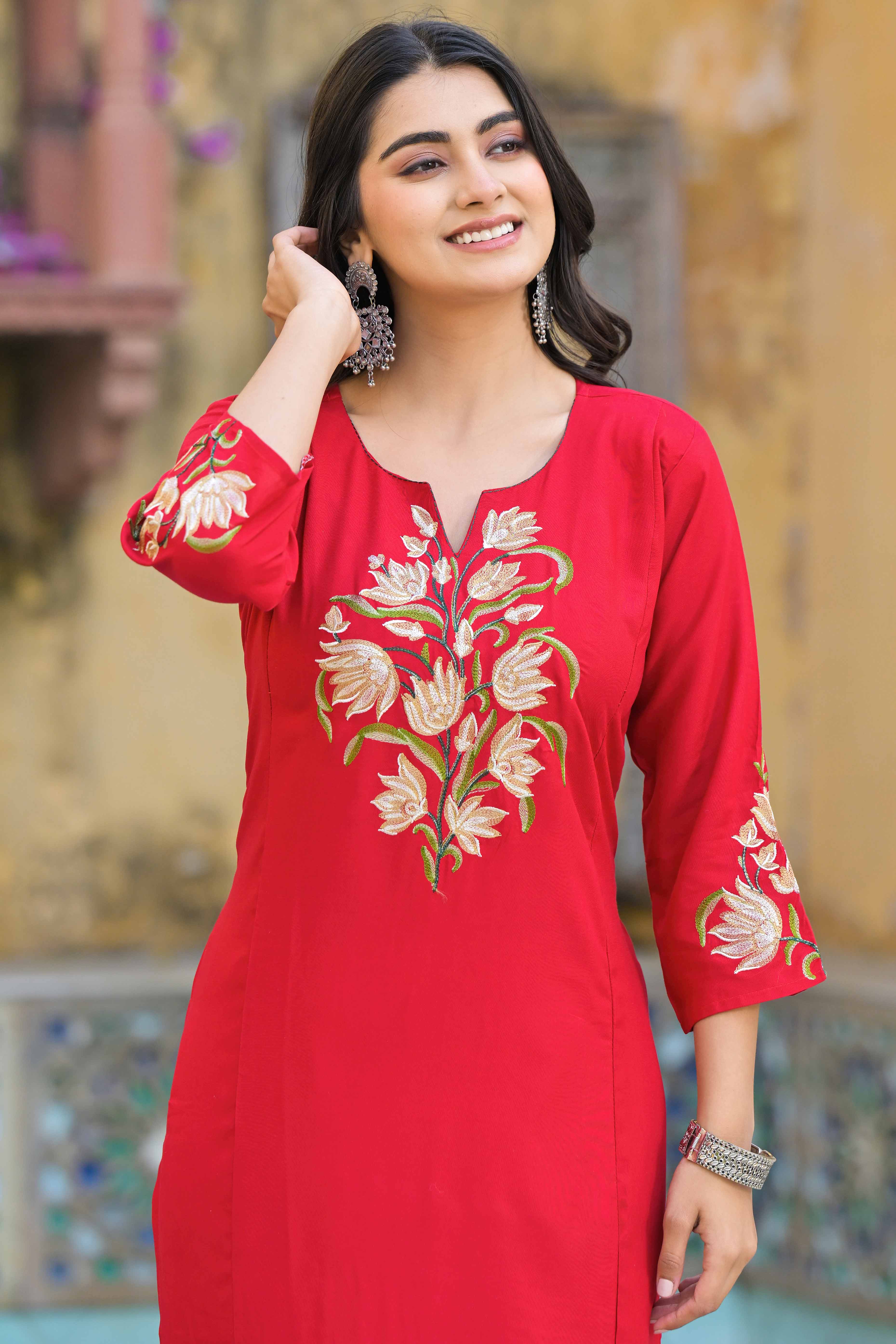 Red Floral Embroidered Viscose Rayon Straight Kurti
