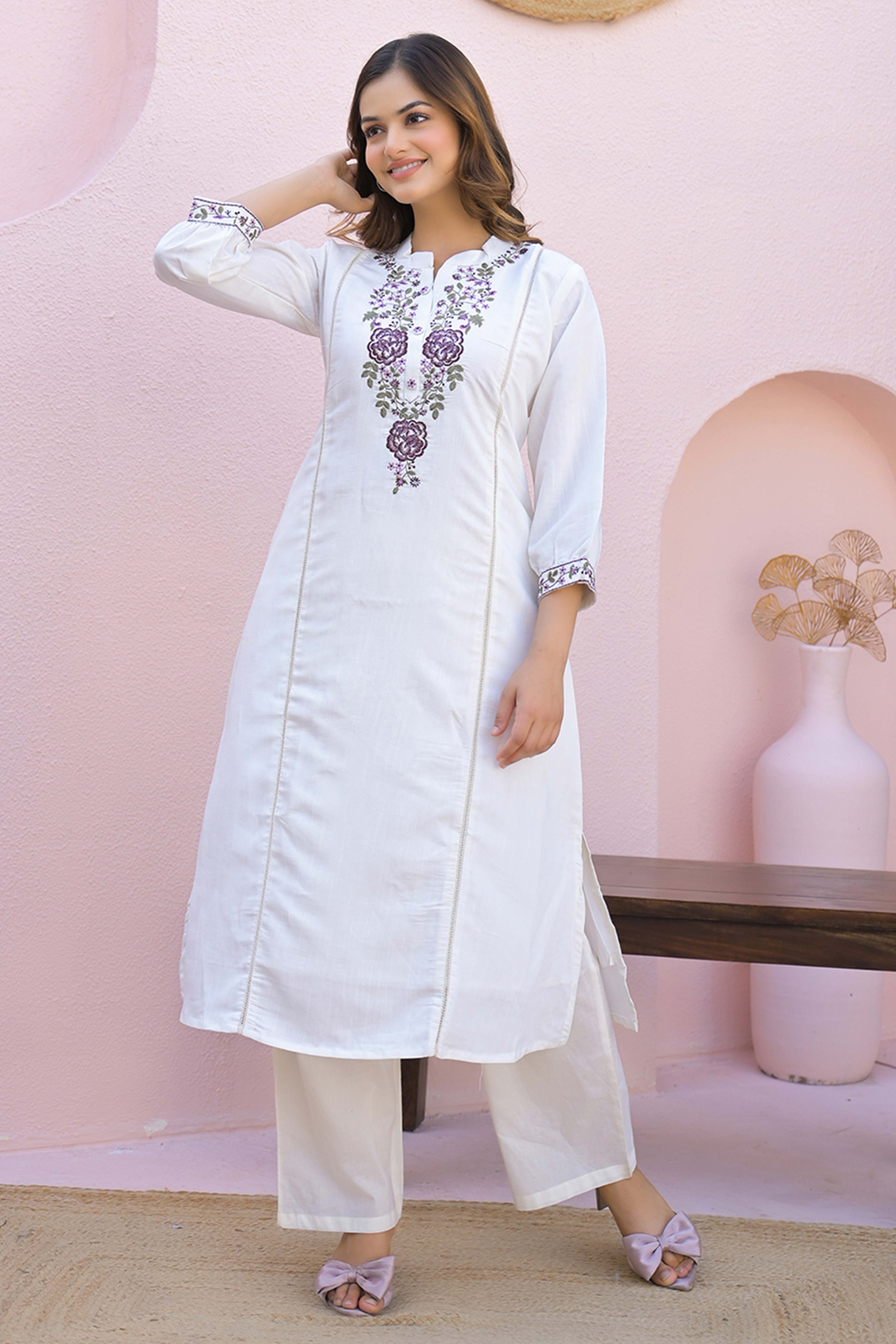White Viscose Mango Silk A-Line Kurti with Floral Embroidery On Neck