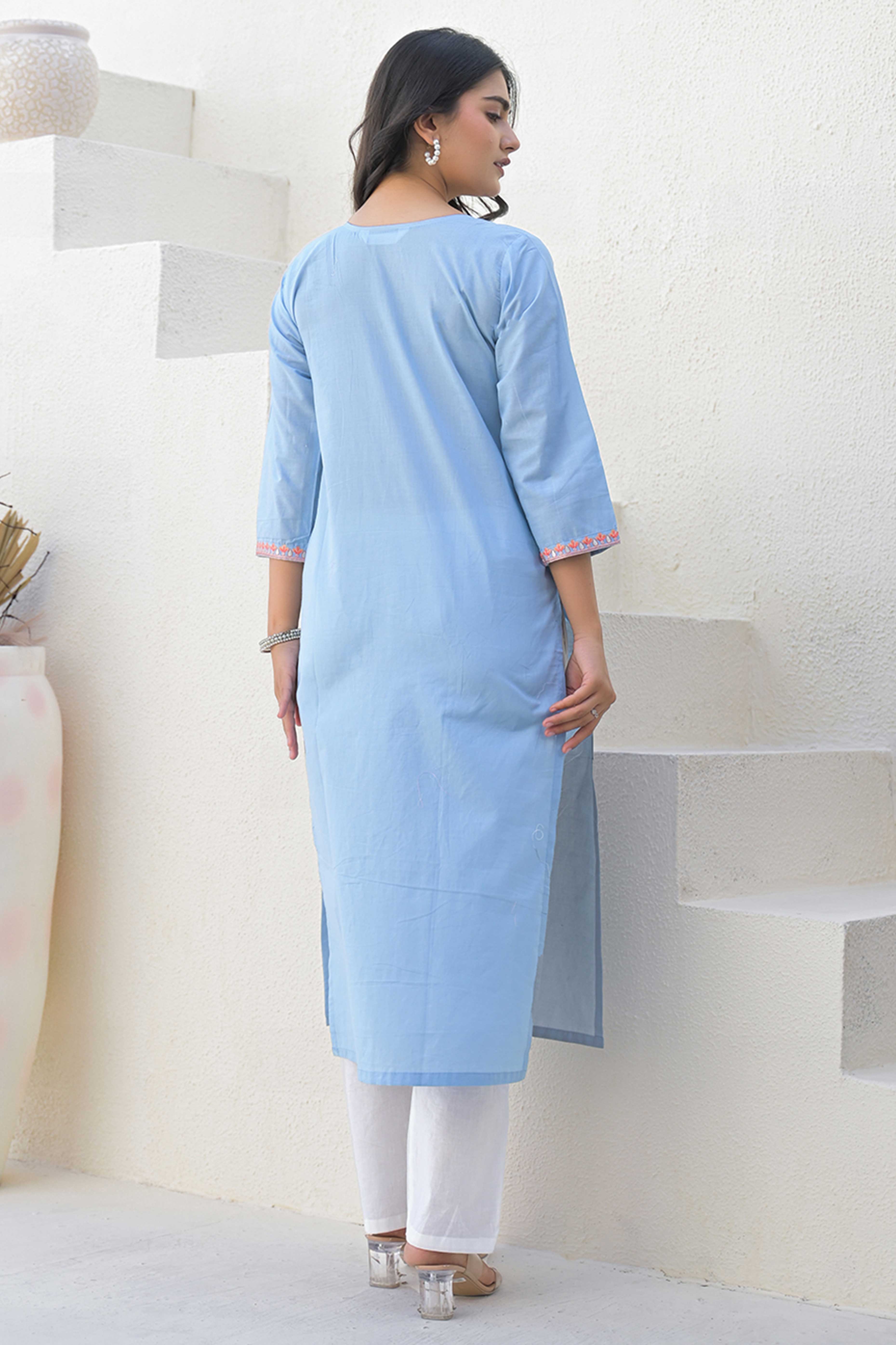 Light Blue Pure Cotton Kurti with Floral Embroidery