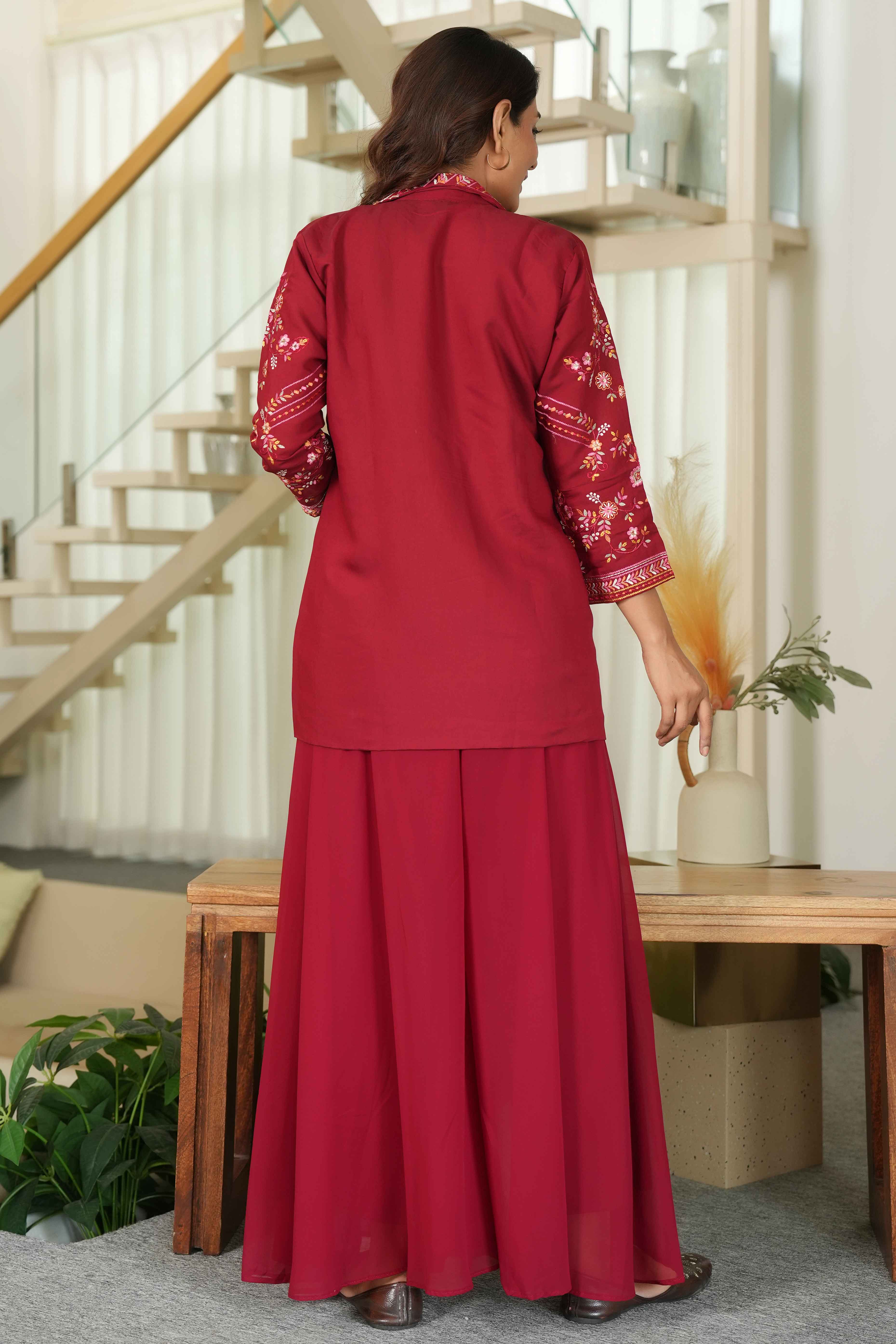 Maroon Solid Co-Ord Ensemble in Chanderi Silk with Heavily Embroidered Coat