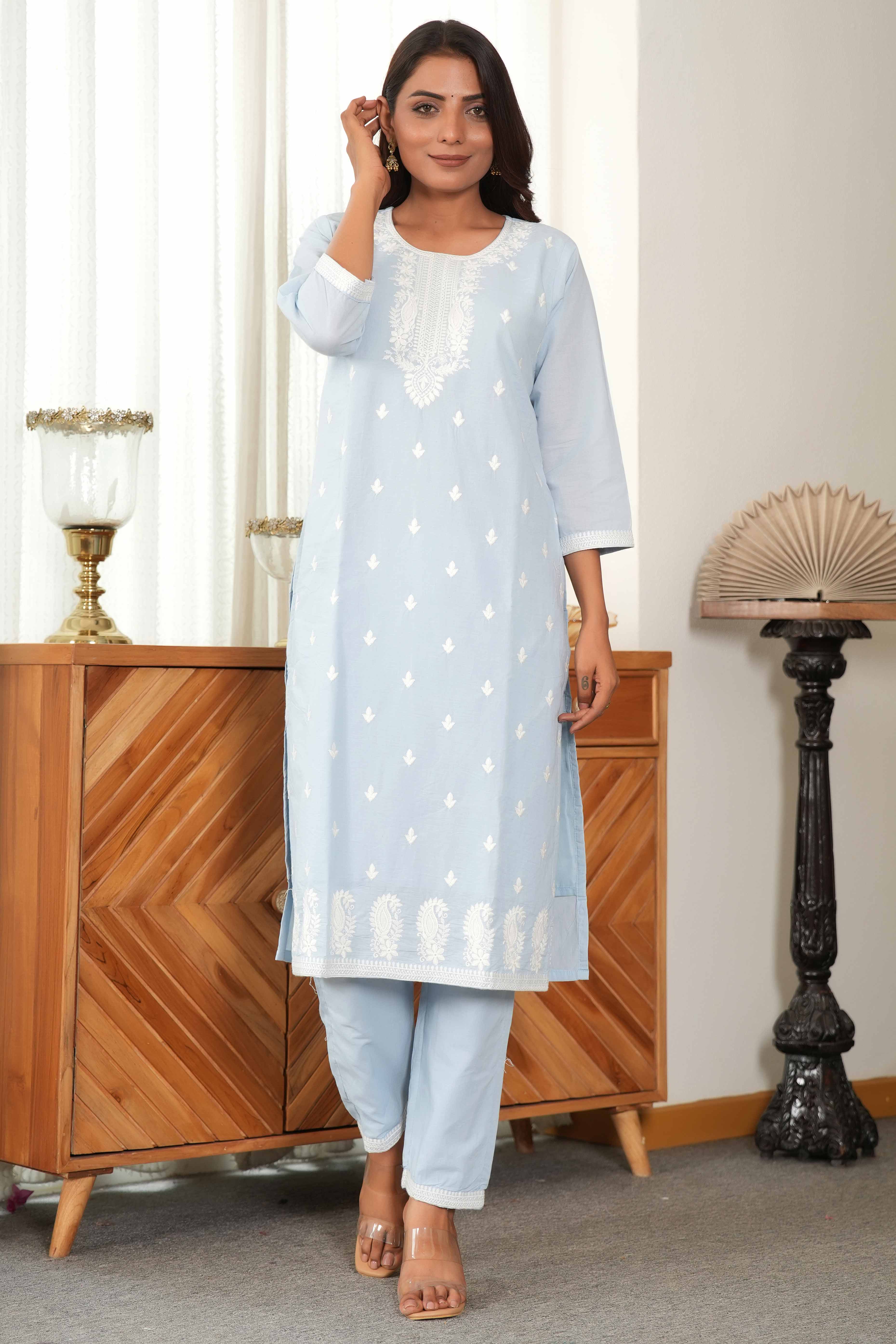 Powder Blue Cotton Suit Set Featuring Exquisite Motif Stitch Work