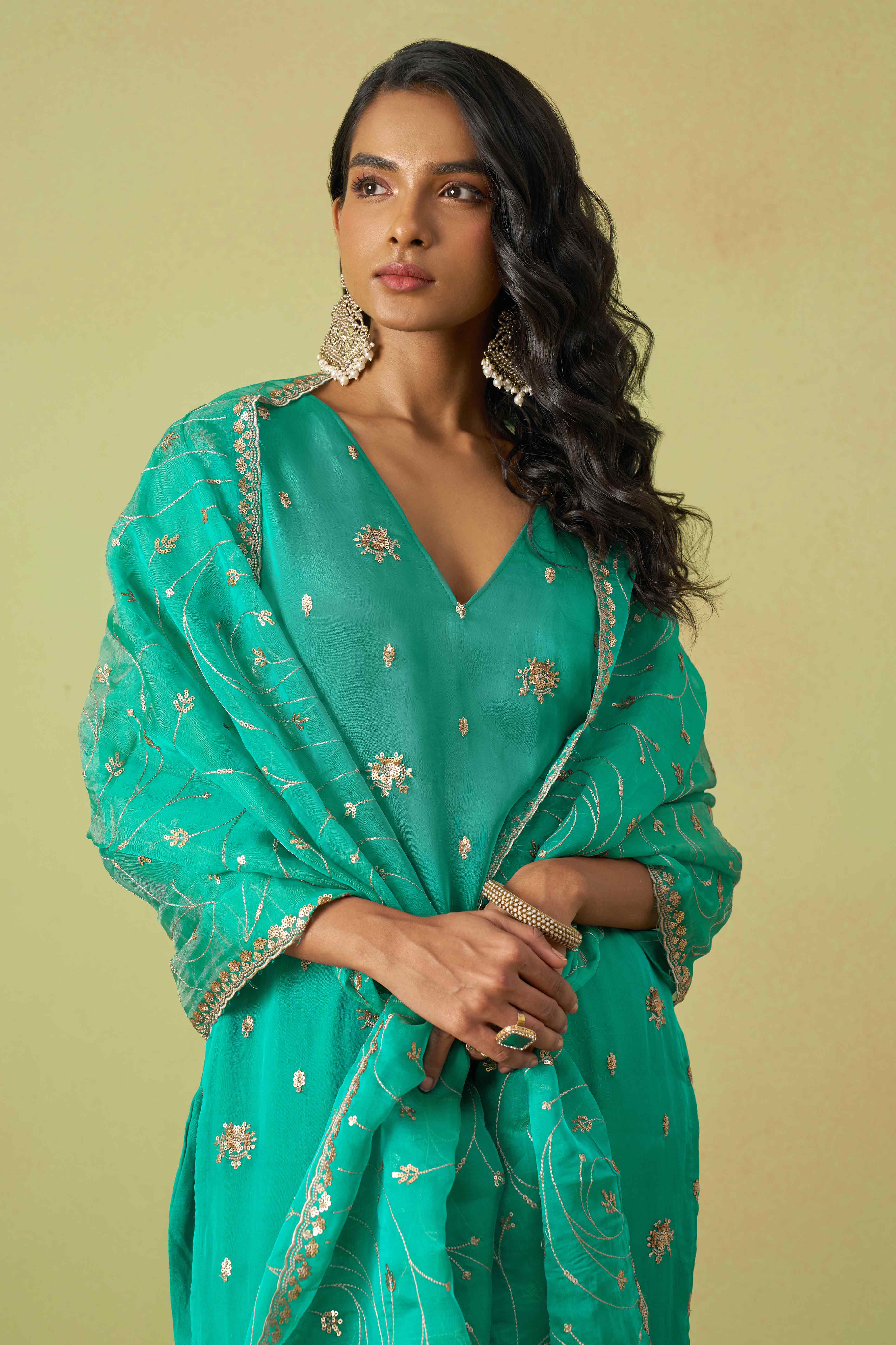 Turquoise Sequins Embroidery With Stonework Organza Shimmer Semi Stitched Suit