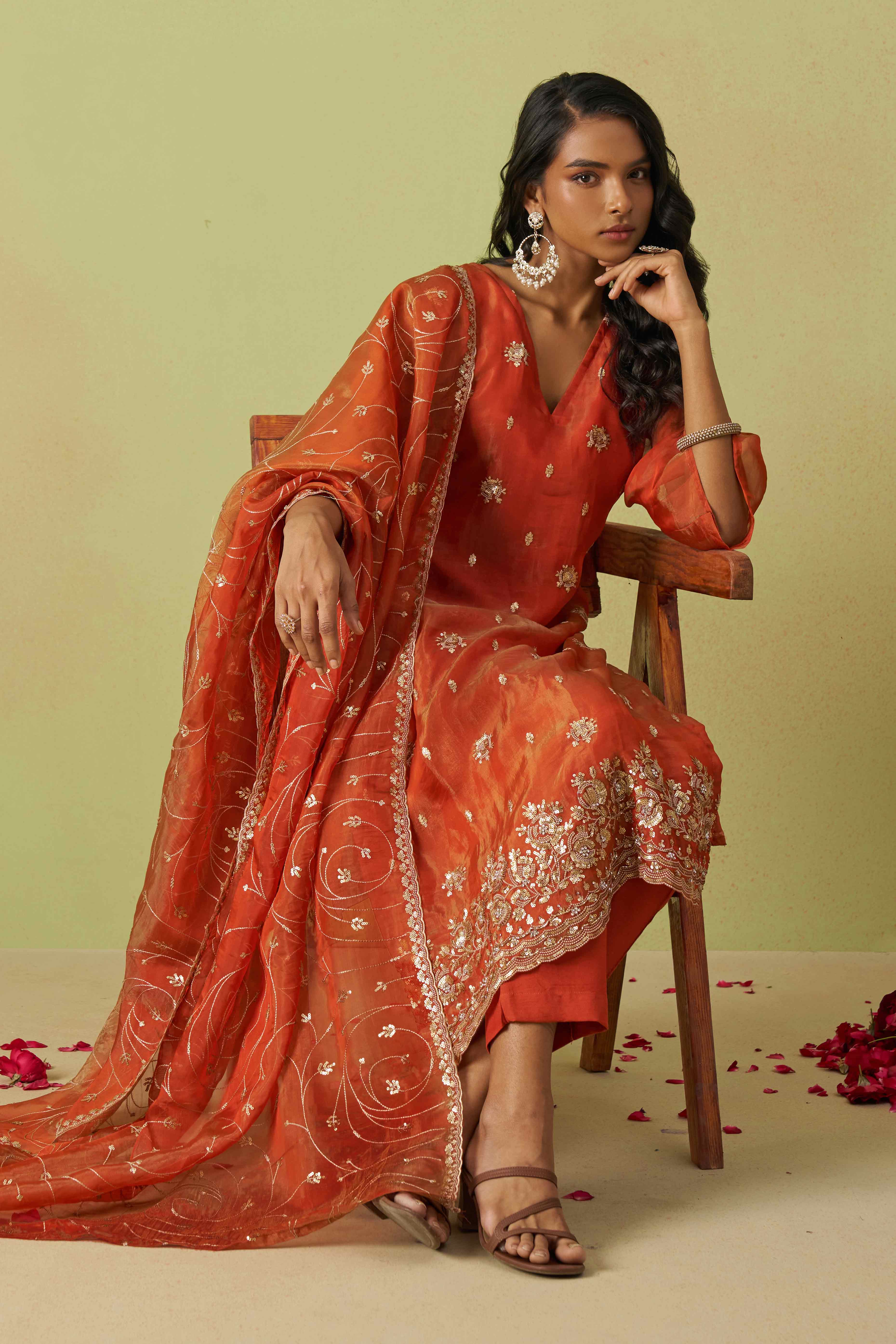 Rust Orange Sequins Embroidery With Stonework Organza Shimmer Semi Stitched Suit
