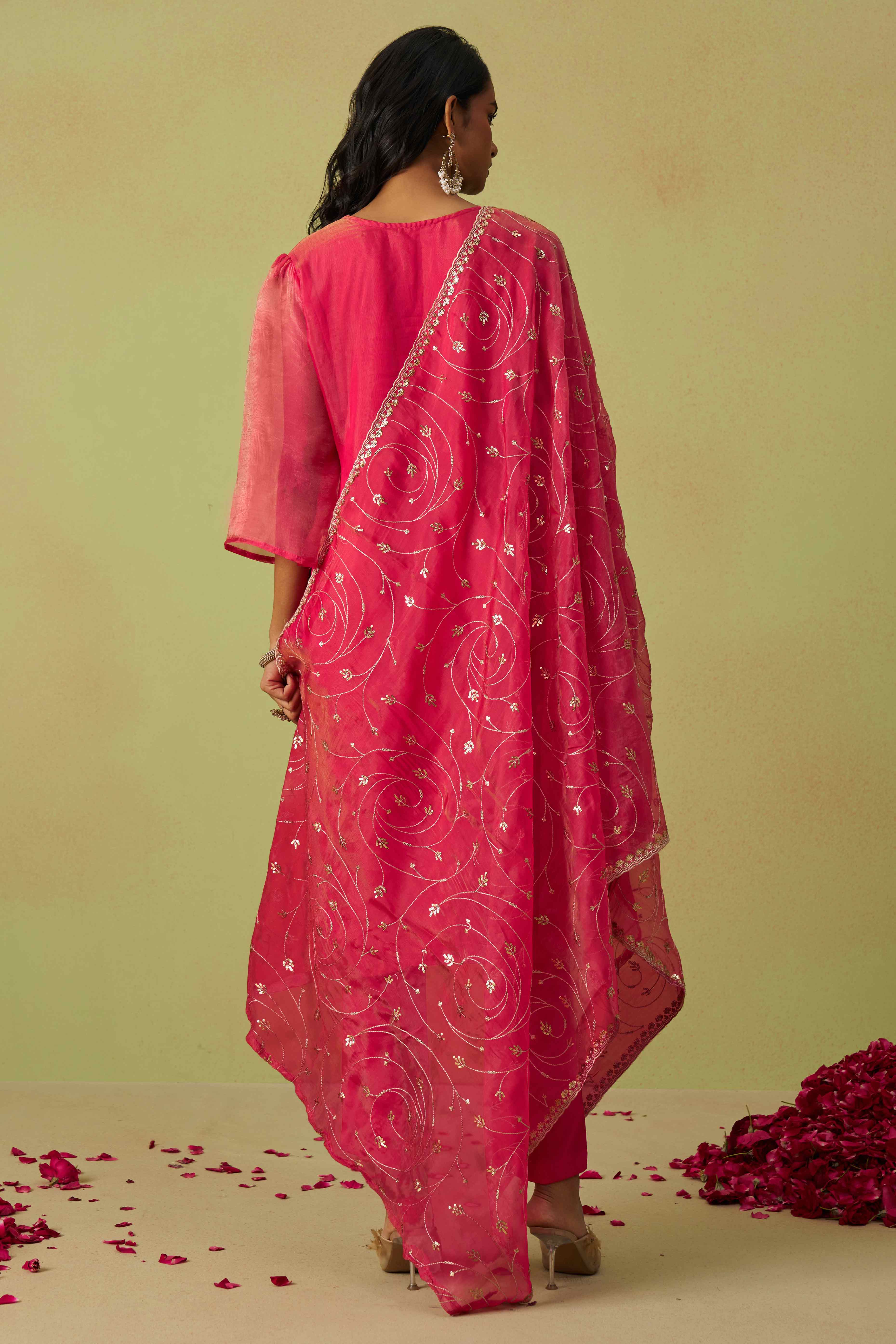 Pink Sequins Embroidery With Stonework Organza Shimmer Semi Stitched Suit
