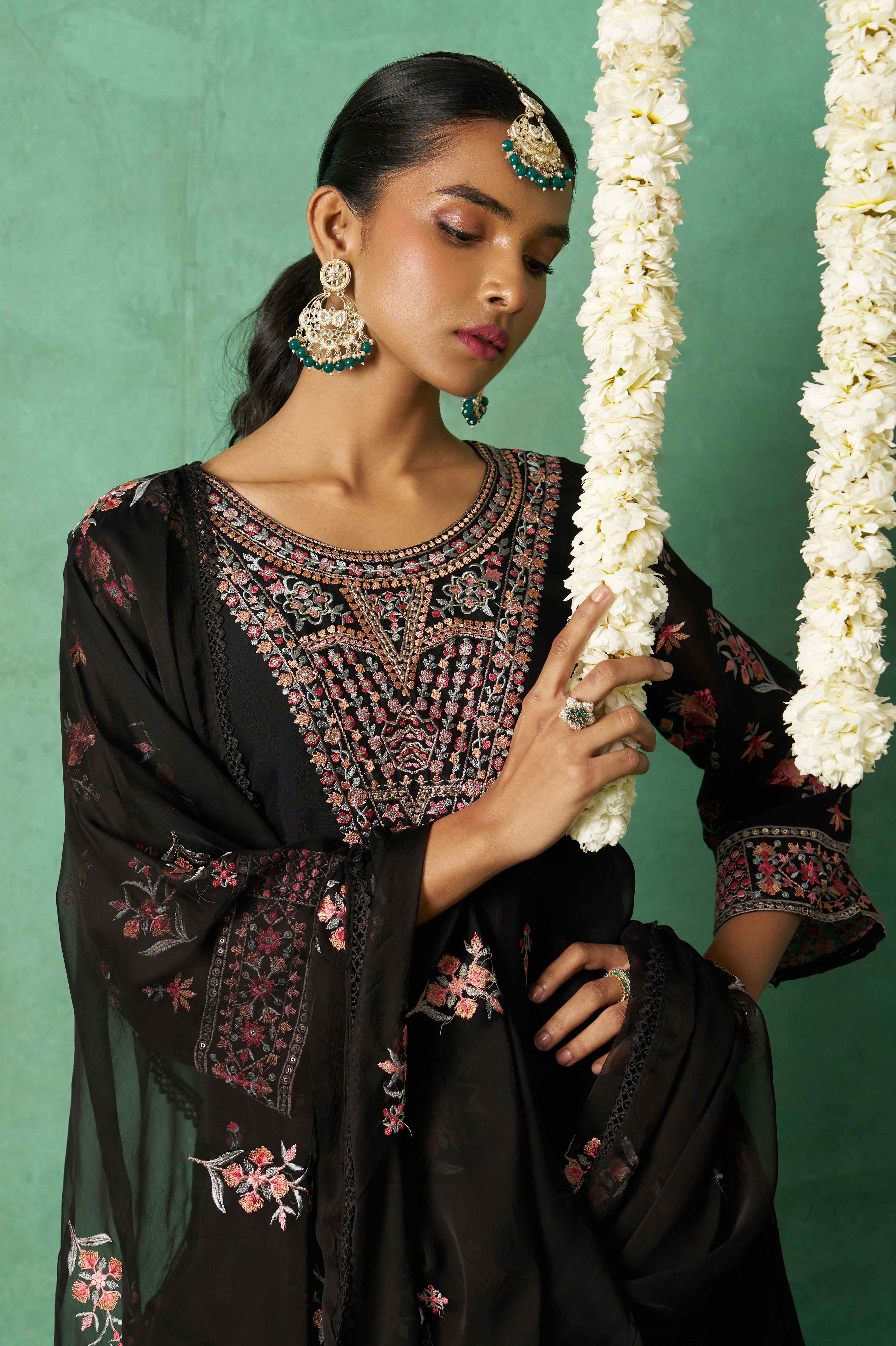 Black Floral Sequins Embroidered Organza Semi Stitched Suit