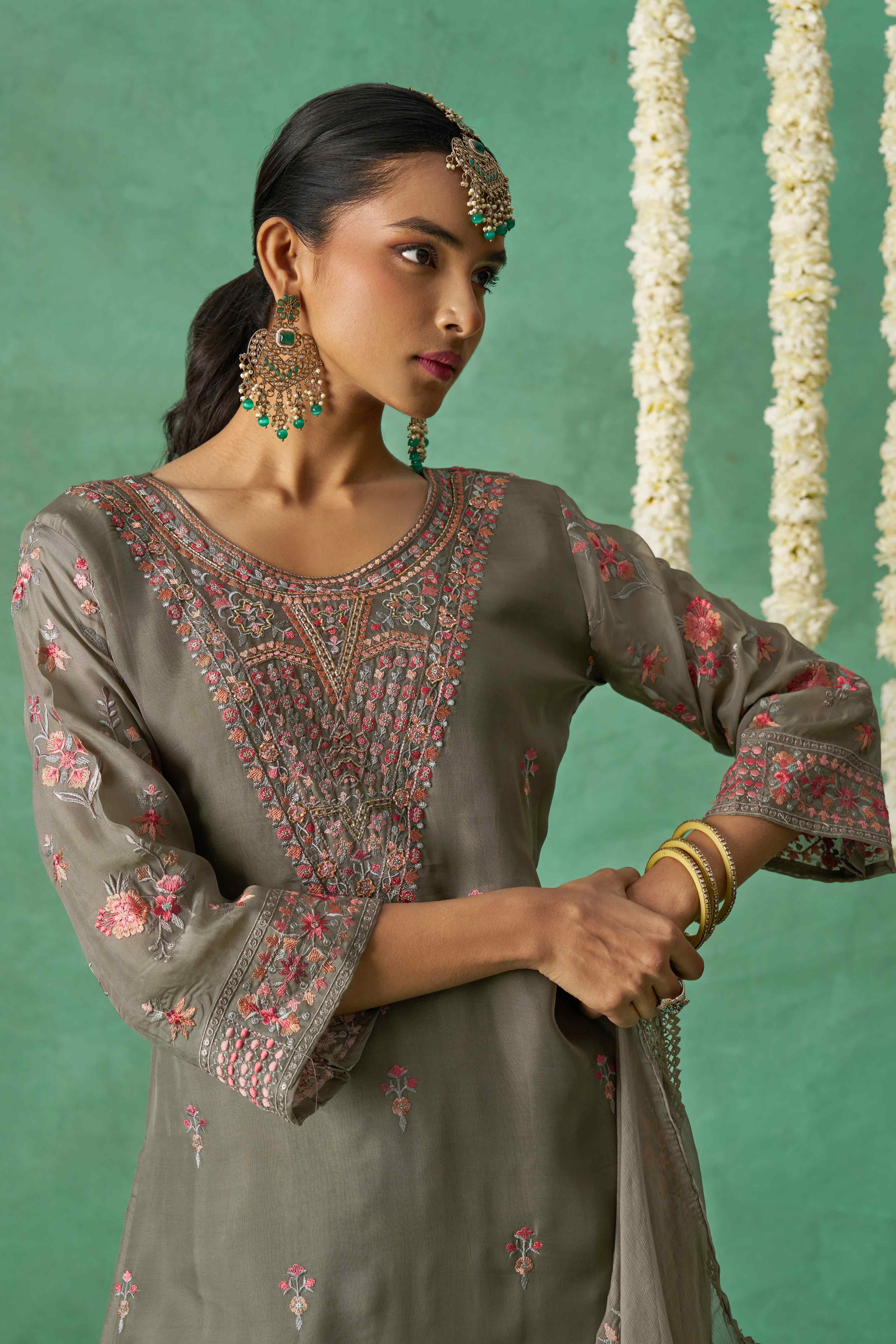 Grey Floral Sequins Embroidered Organza Semi Stitched Suit