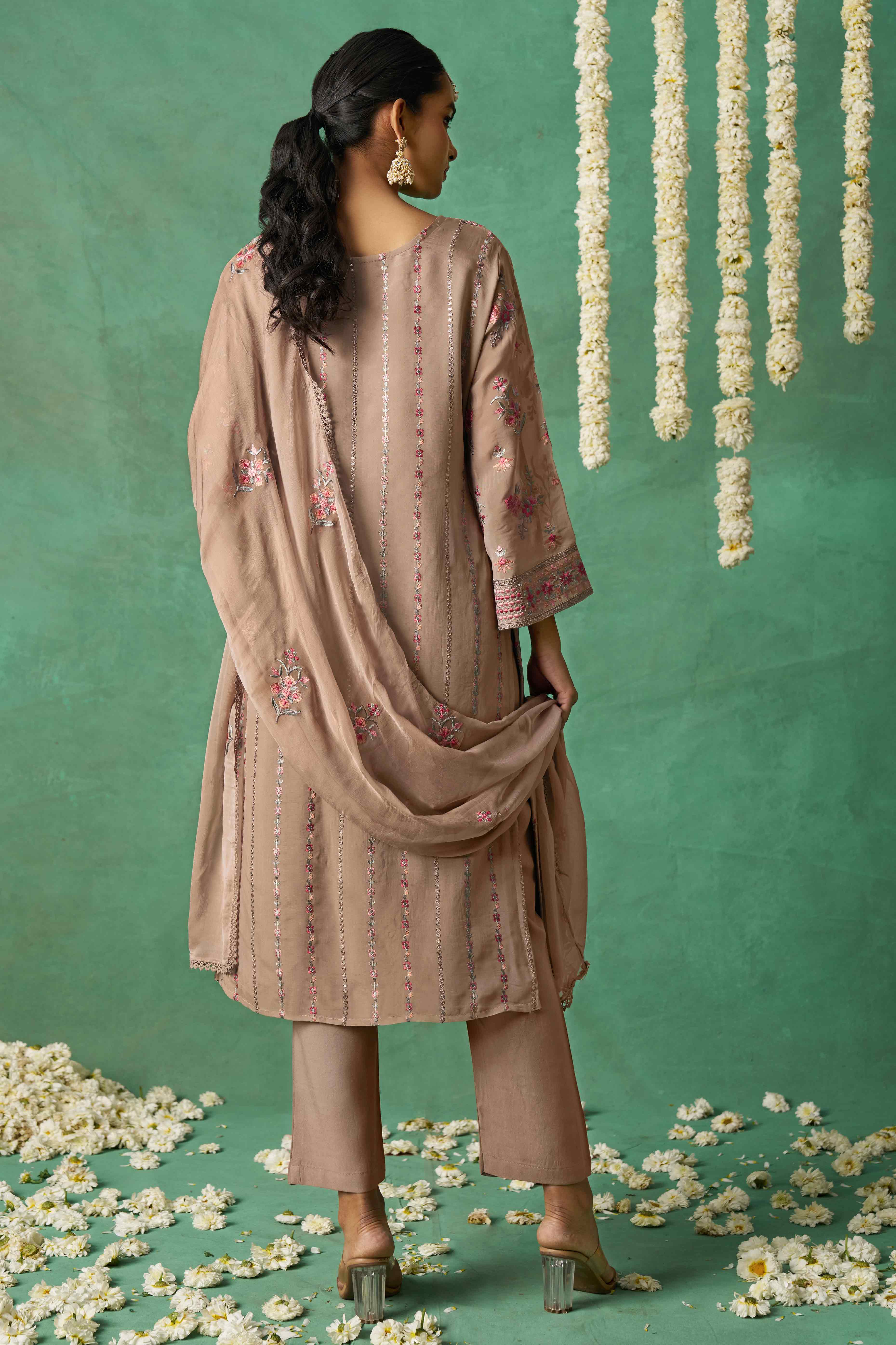 Chikoo Floral Sequins Embroidered Organza Semi Stitched Suit