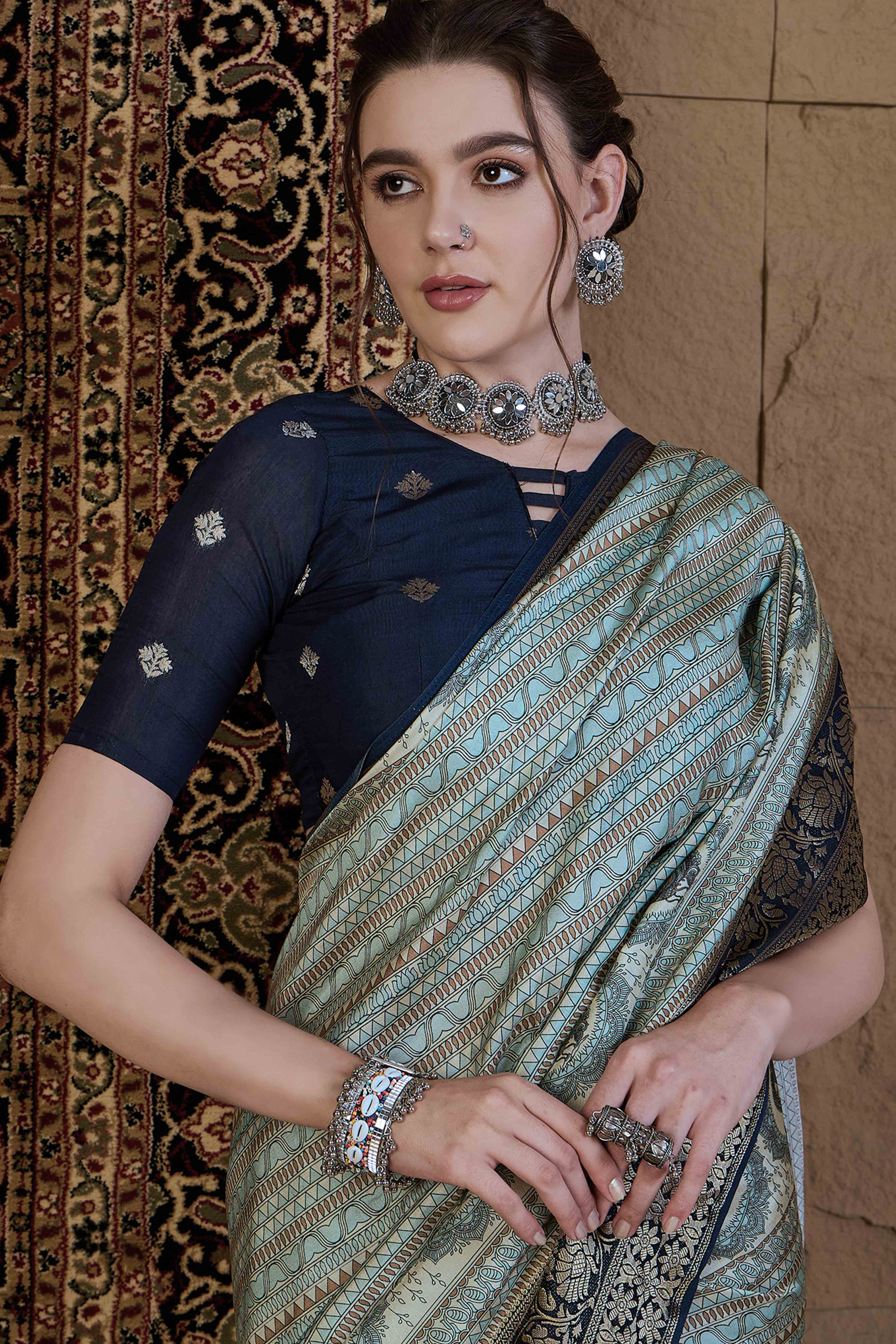 Sky Blue Floral Printed Viscose Saree