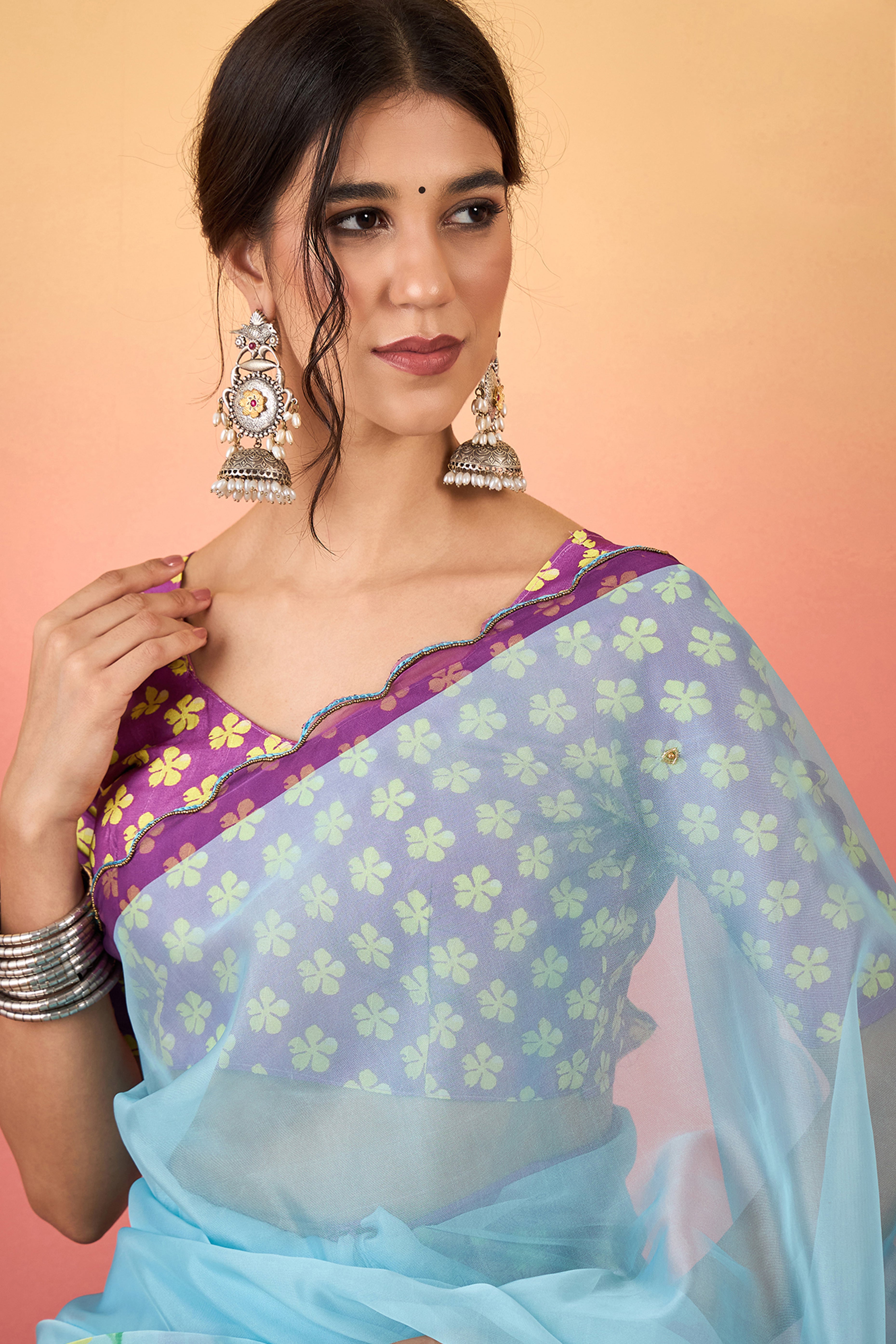 Gorgeous Sky Blue Floral Printed Saree in Sheer Organza Blend Fabric with Handcrafted Beads Work