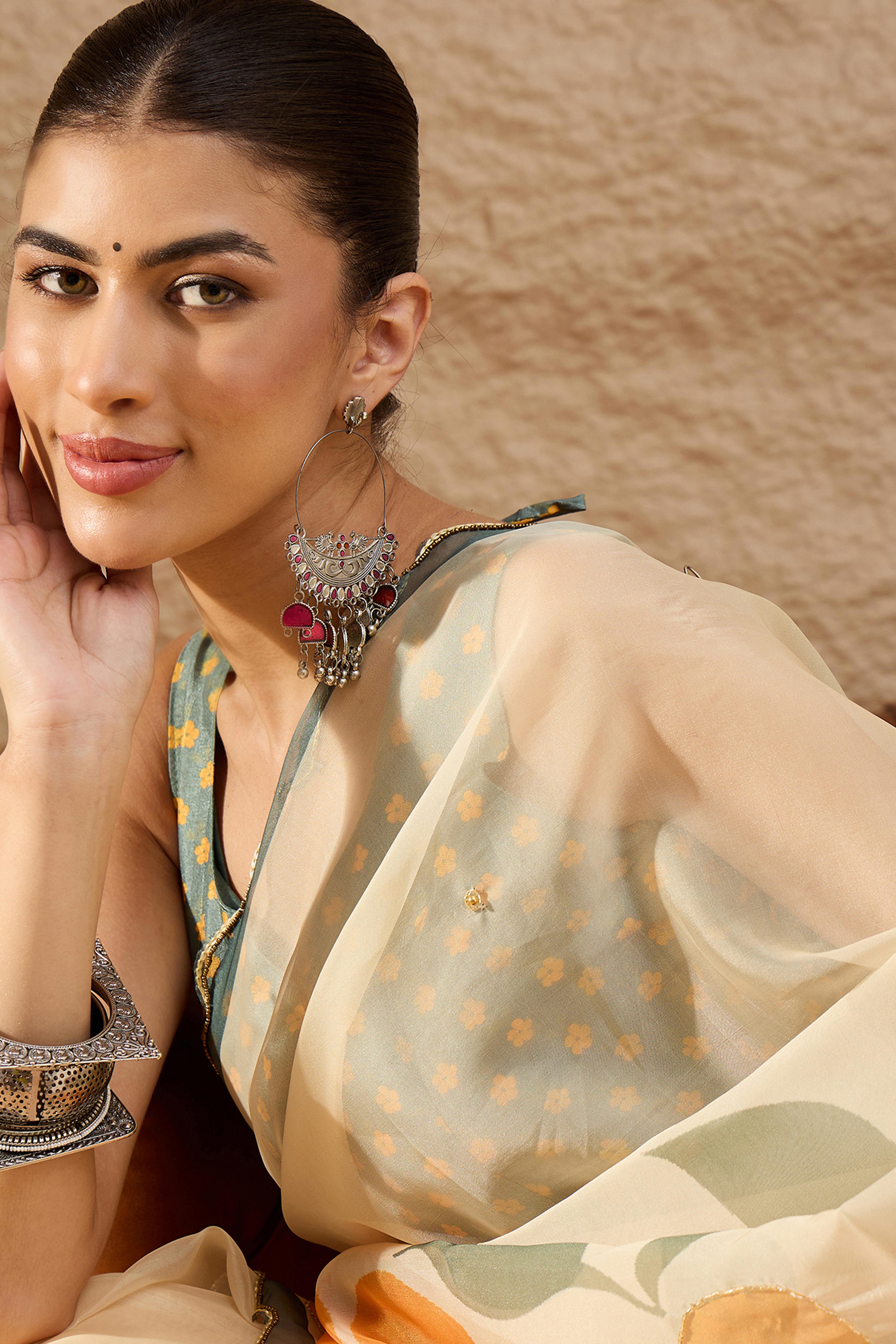 Cream Floral Printed Saree in Sheer Organza Blend Fabric with Handcrafted Beads Work