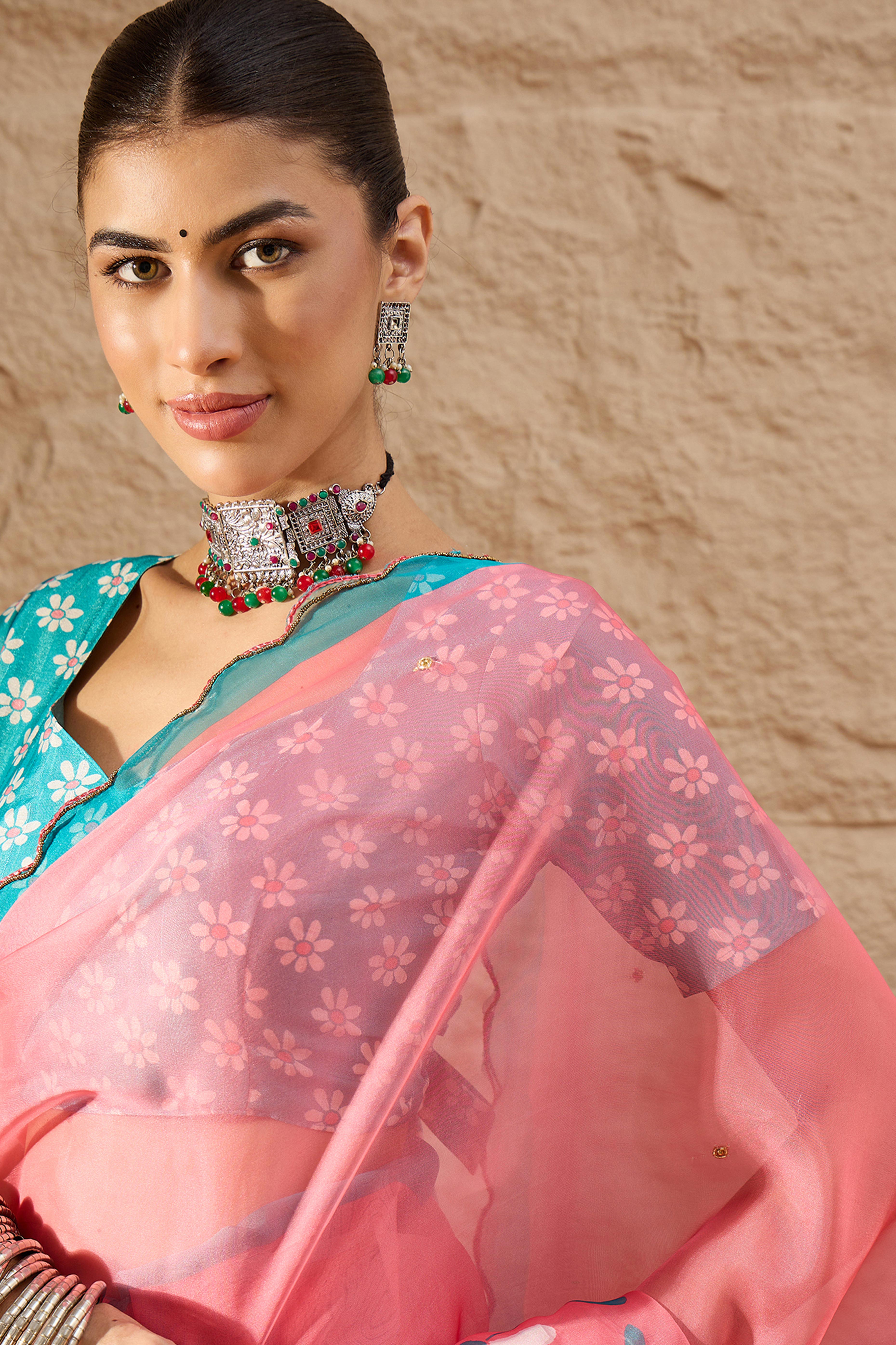 Pink Floral Printed Saree in Sheer Organza Blend Fabric with Handcrafted Beads Work