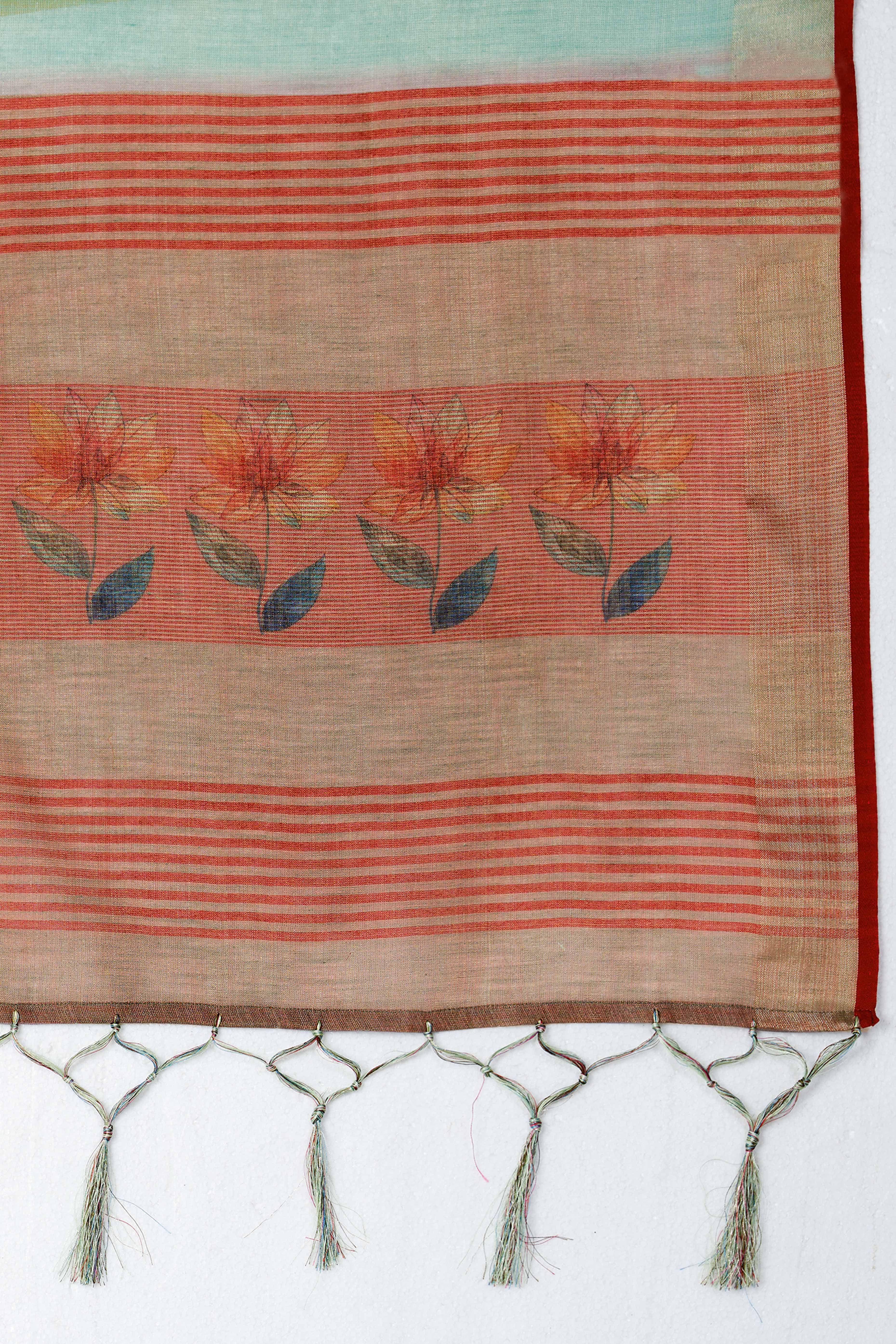 Pista Green Woven Floral Printed Linen Blend Saree with Soft Elegant Texture