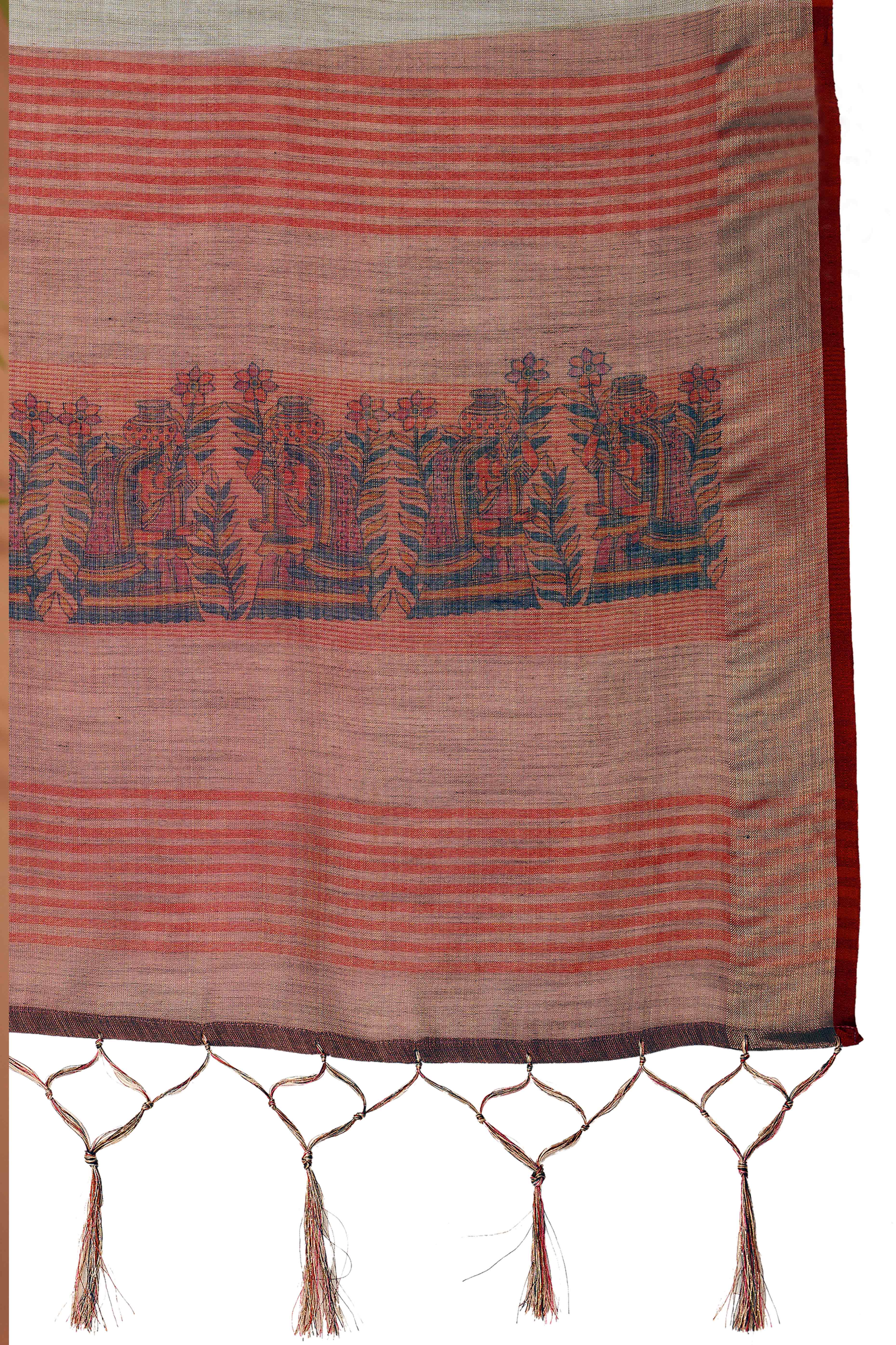 Sage Green Woven Floral Printed Linen Blend Saree with Soft Elegant Texture