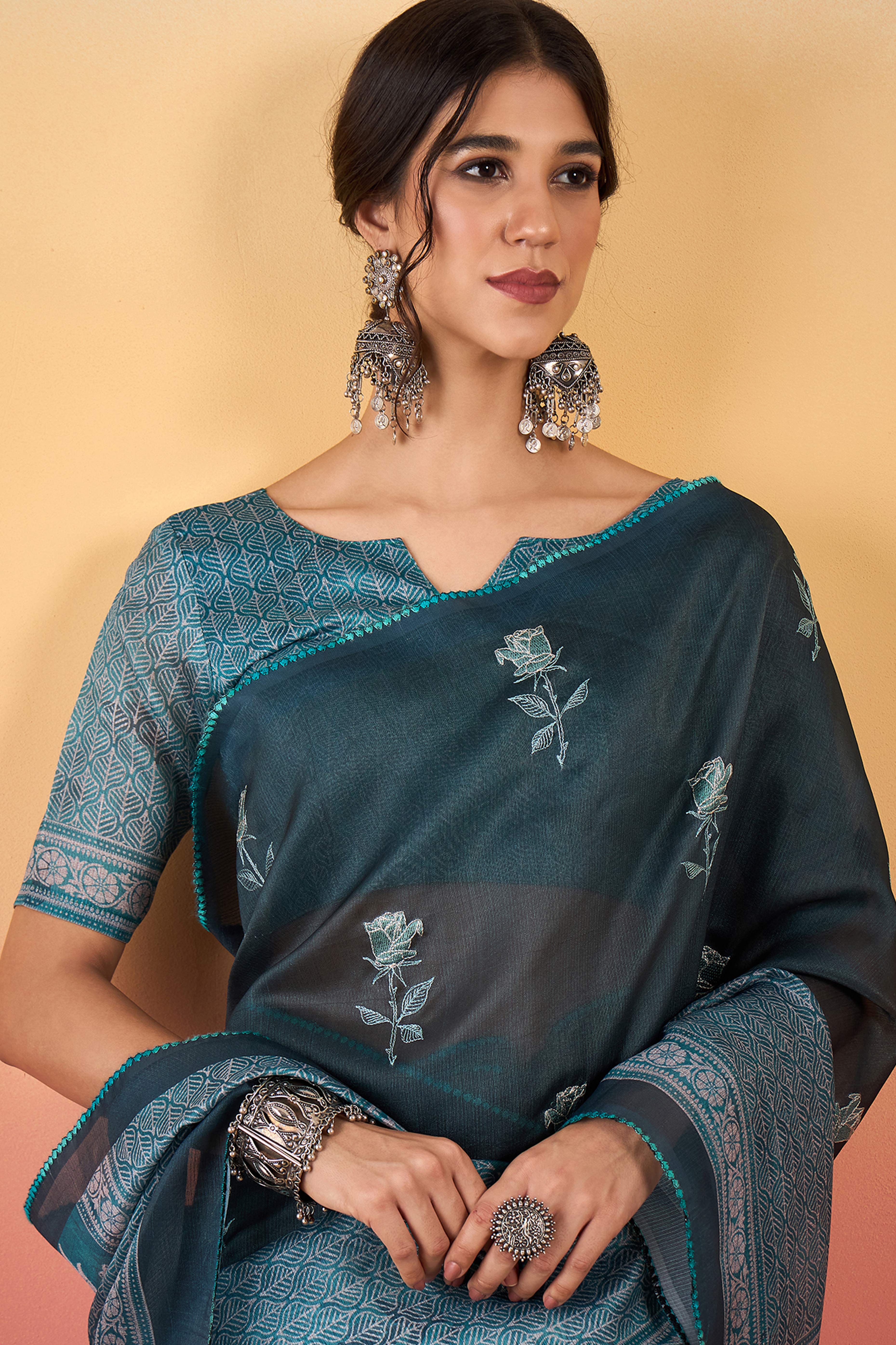 Teal Floral Embroidered Saree Made from Premium Lightweight Silk Blend Material