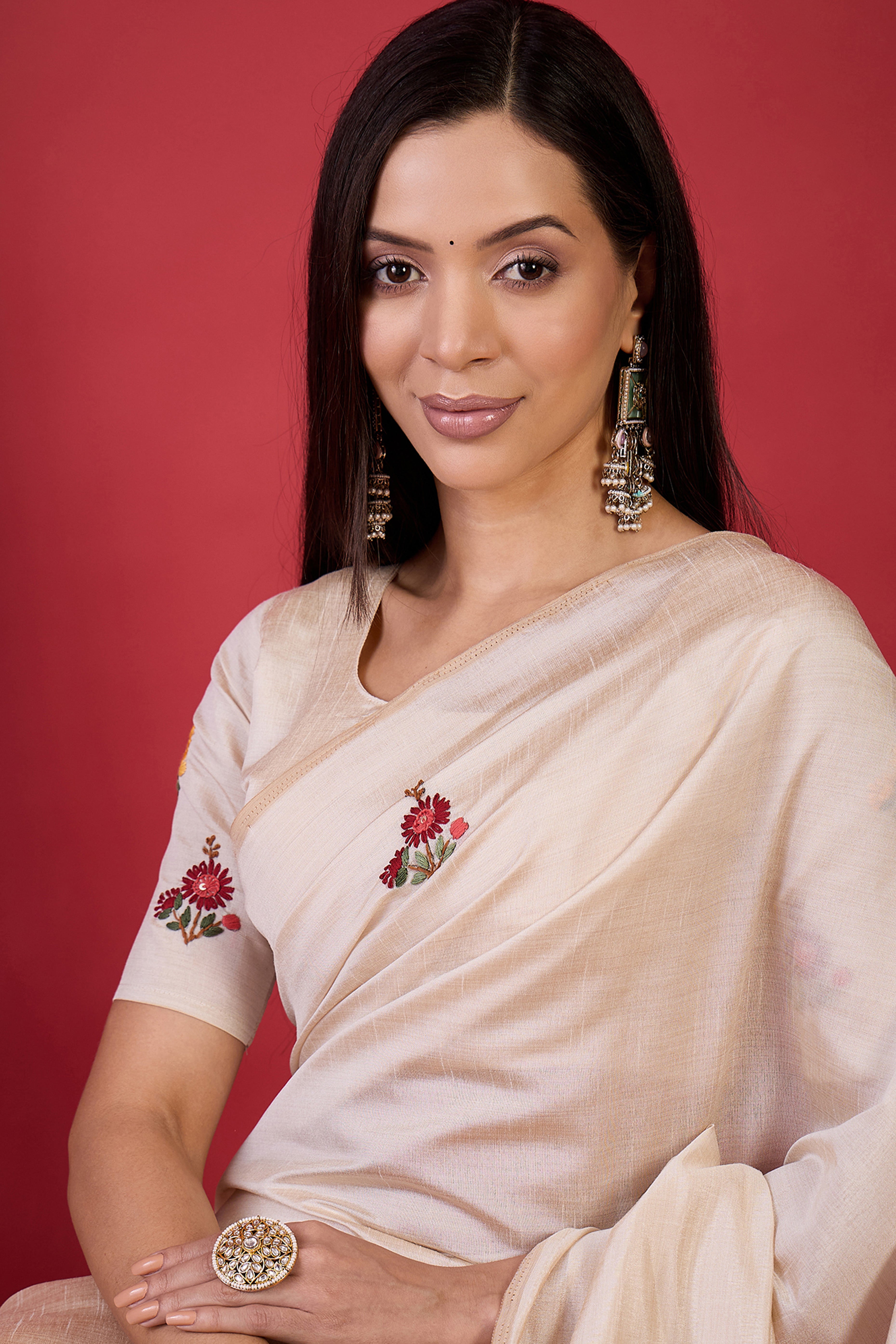 Cream Thread Embroidered Tussar Silk Saree for Traditional Occasions