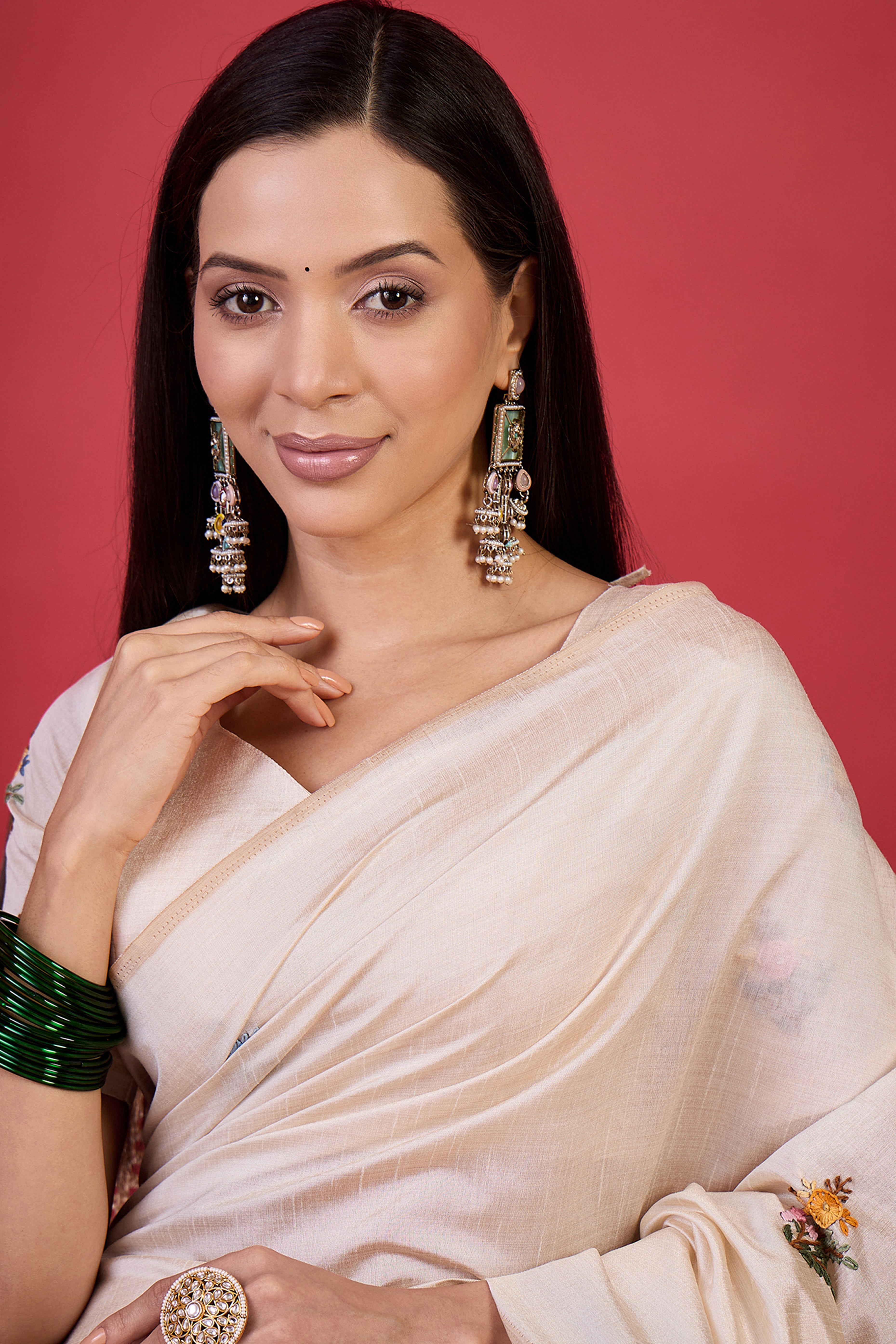 Cream Thread Work Embroidered Tussar Silk Saree for Elegant Festive Wear