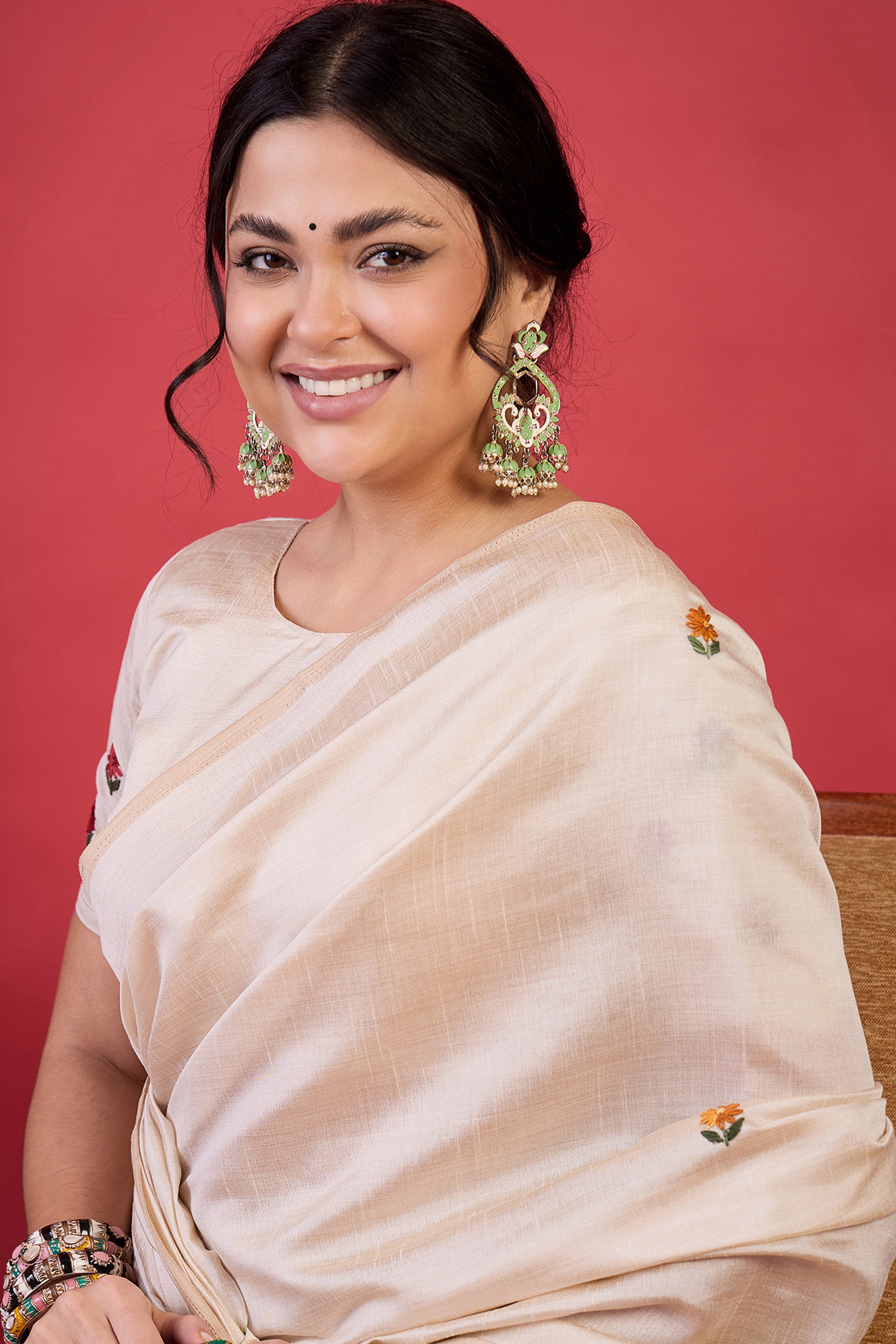 Cream Thread Work Embroidered Tussar Silk Saree with Rich Style