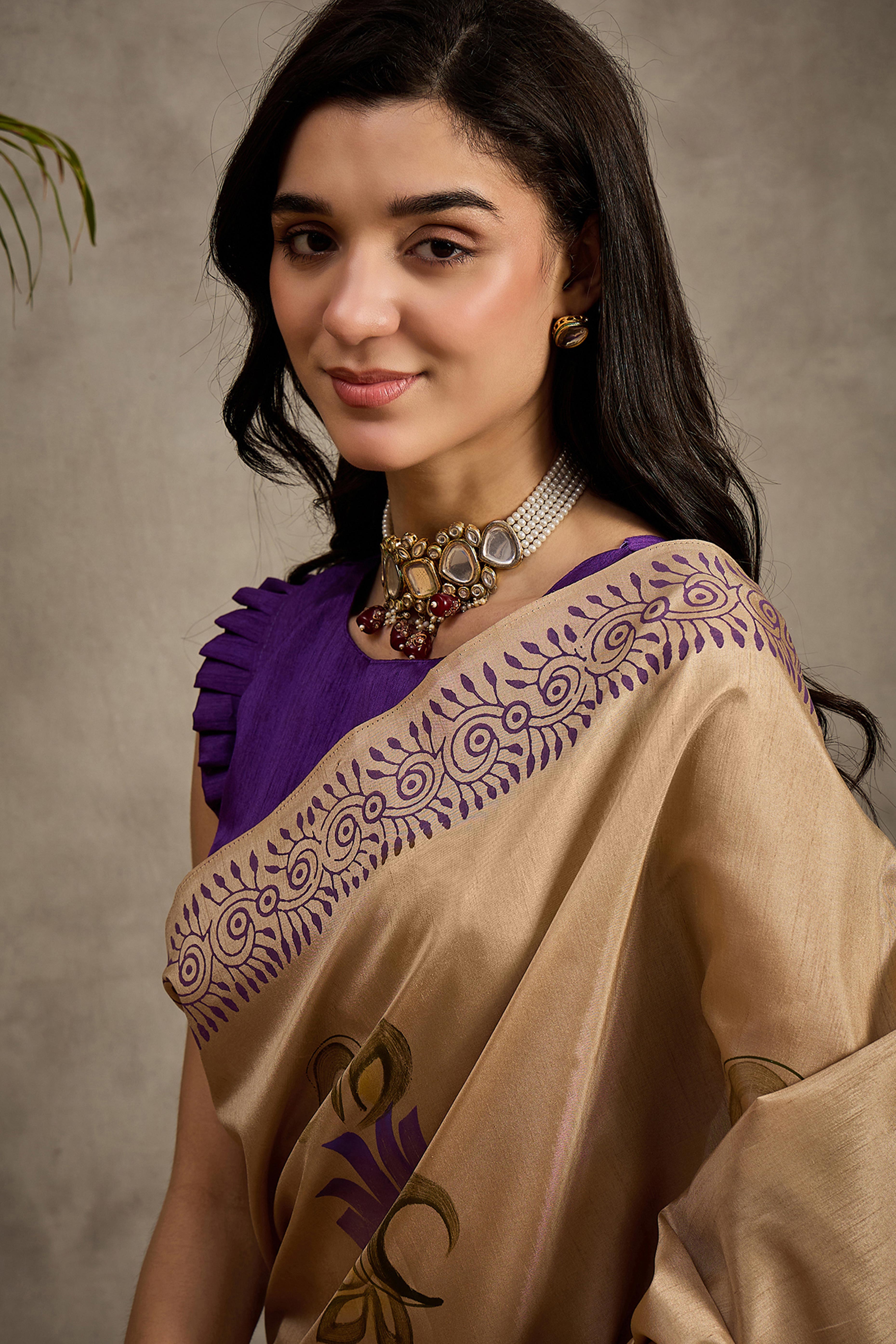 Timeless Beige Floral Printed Kozi Cotton Silk Saree Enhanced With Playful Tassel Pallu