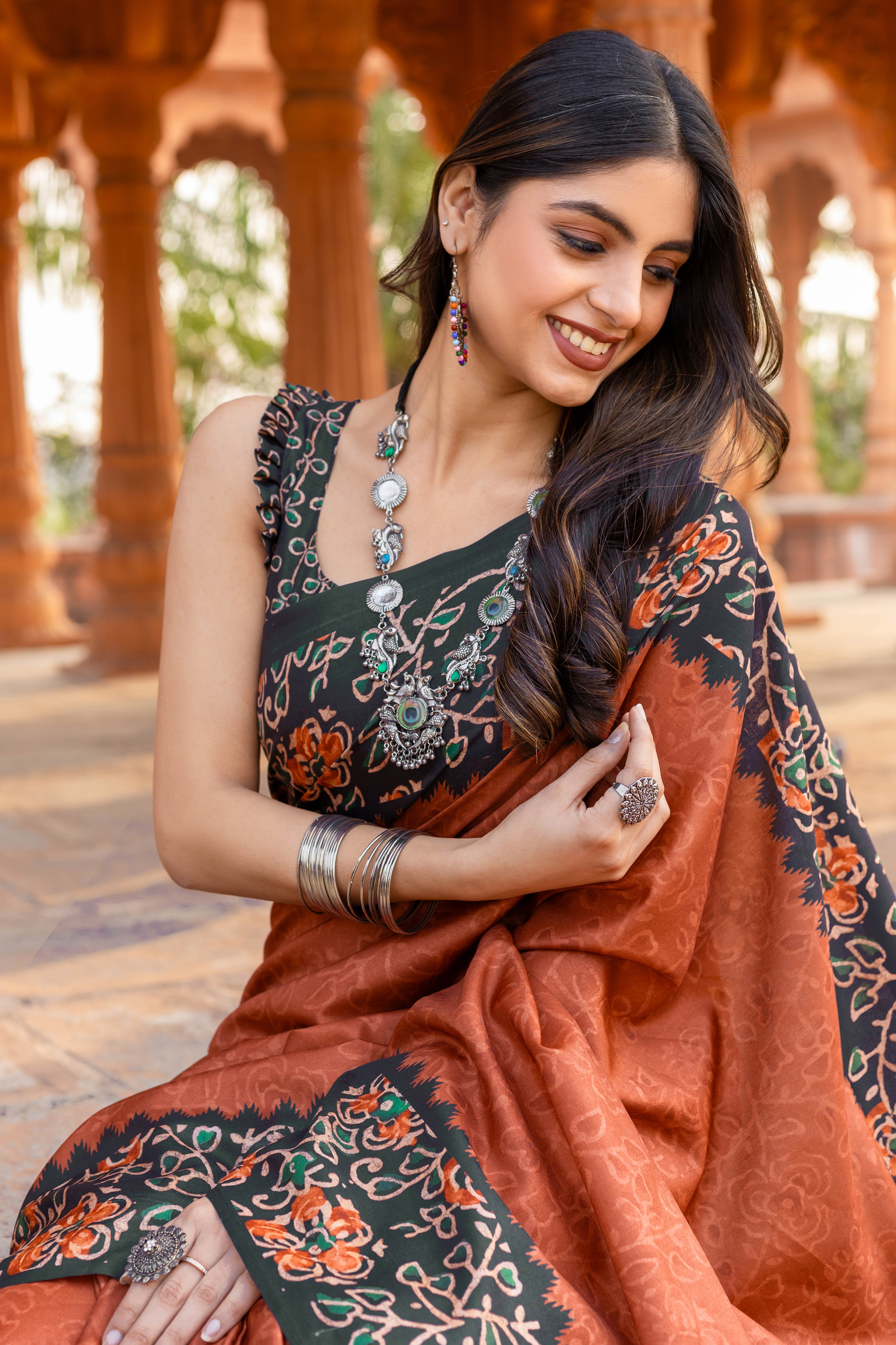 Graceful Rust Floral Printed Manipuri Cotton Silk Saree Showcasing Timeless Elegance