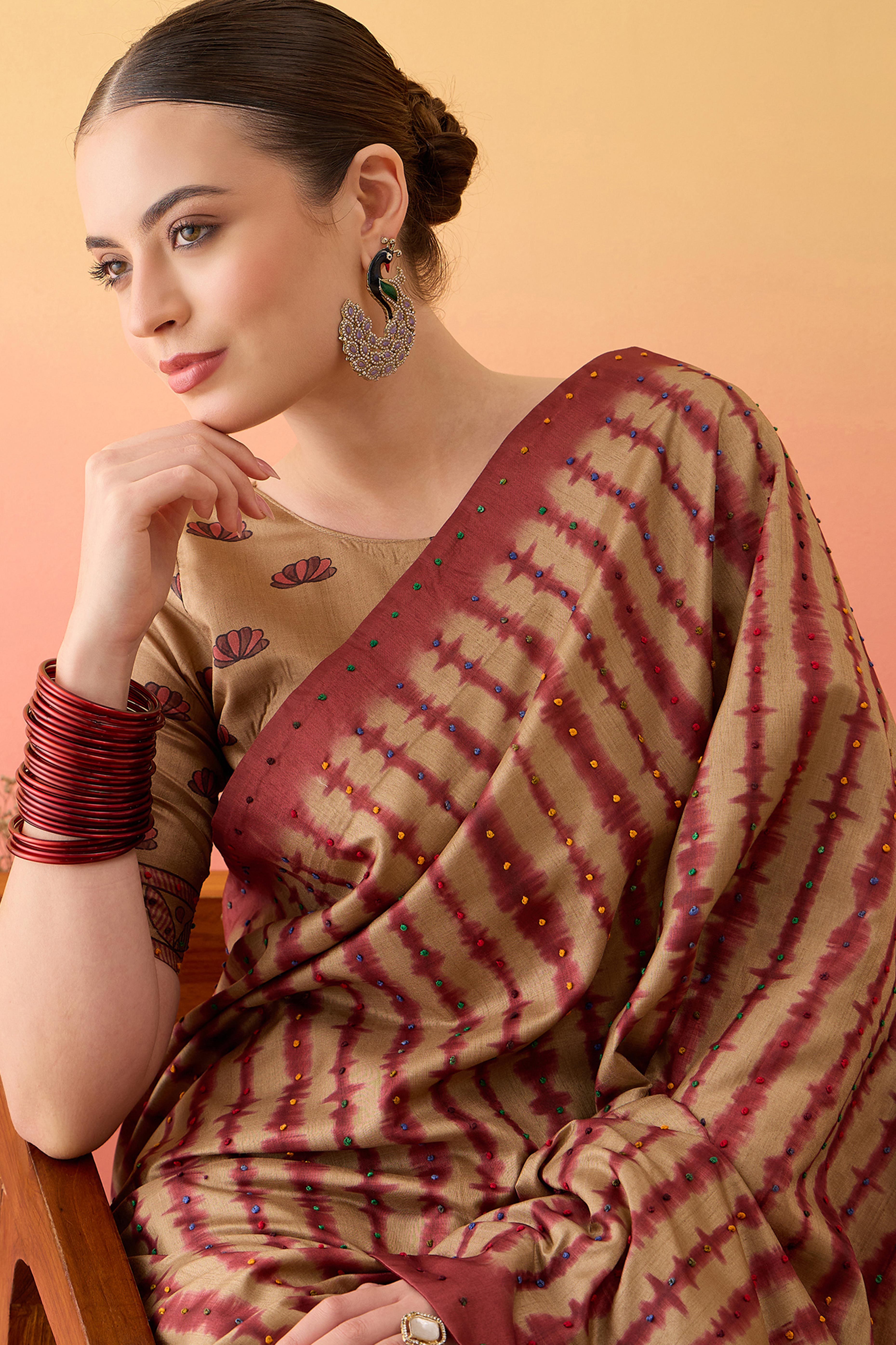 Beige Kalamkari Style Cotton Silk Saree Flowy Drape Knot Tassels Festive Wear